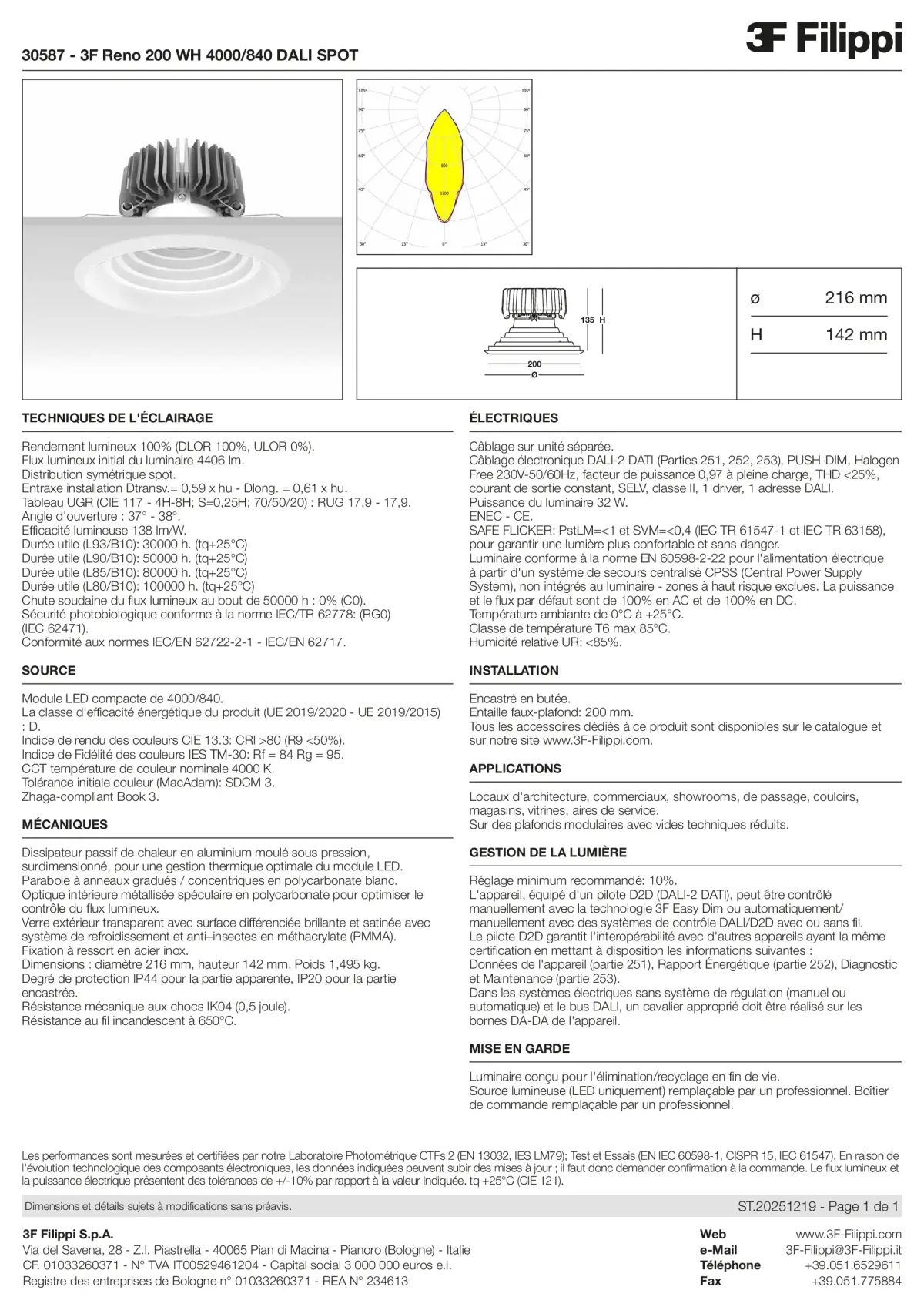 30587 - 3F Reno 200 WH 4000-840 DALI SPOT - Datasheet - fr