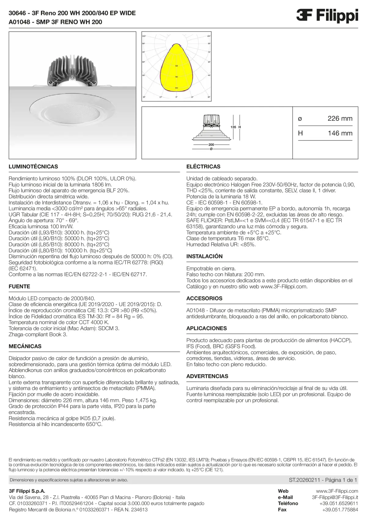 30646+A01048 - 3F Reno 200 WH 2000-840 EP WIDE + SMP WH - Datasheet - es