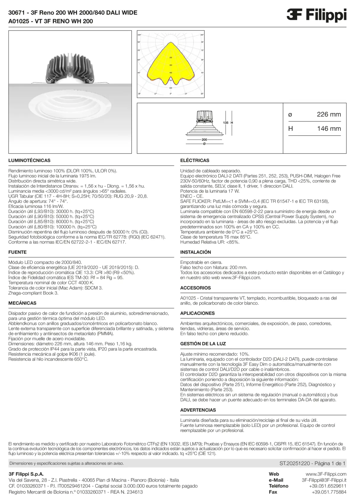 30671+A01025 - 3F Reno 200 WH 2000-840 DALI WIDE + VT WH - Datasheet - es