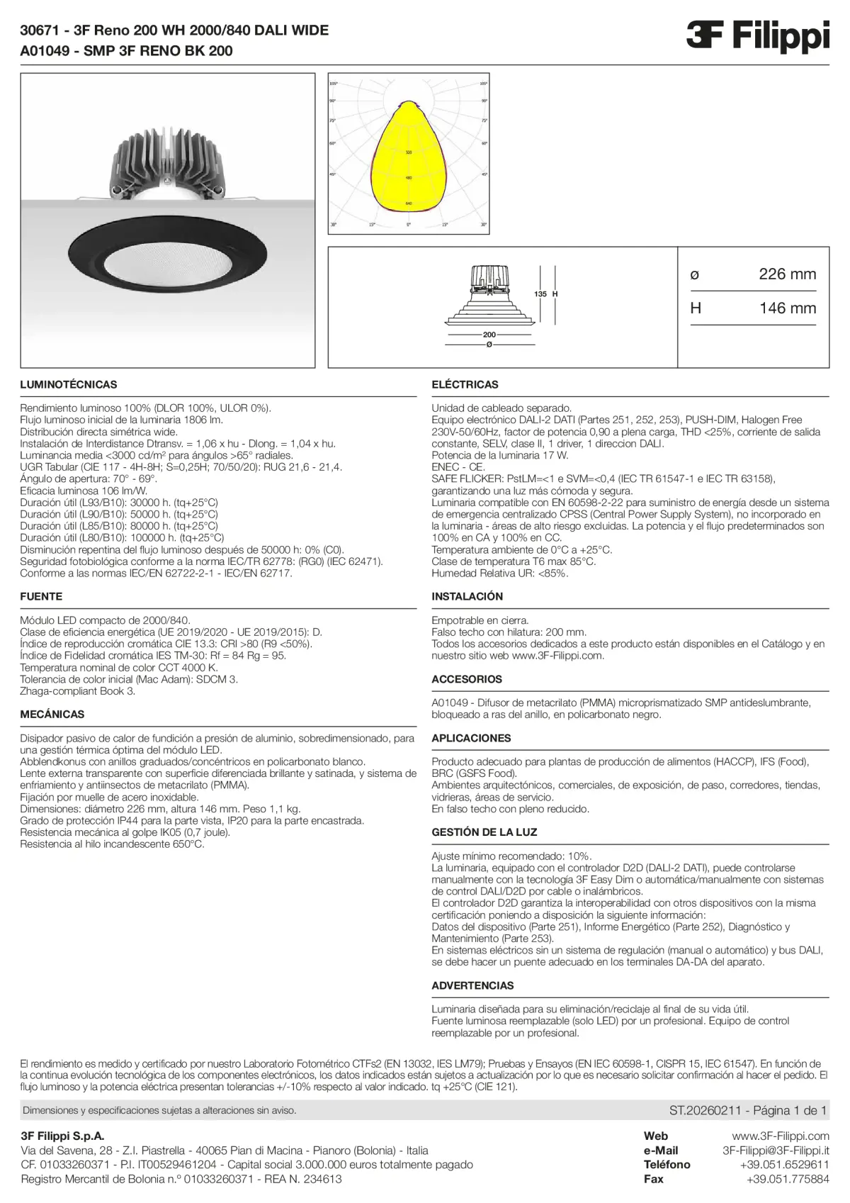 30671+A01049 - 3F Reno 200 WH 2000-840 DALI WIDE + SMP BK - Datasheet - es