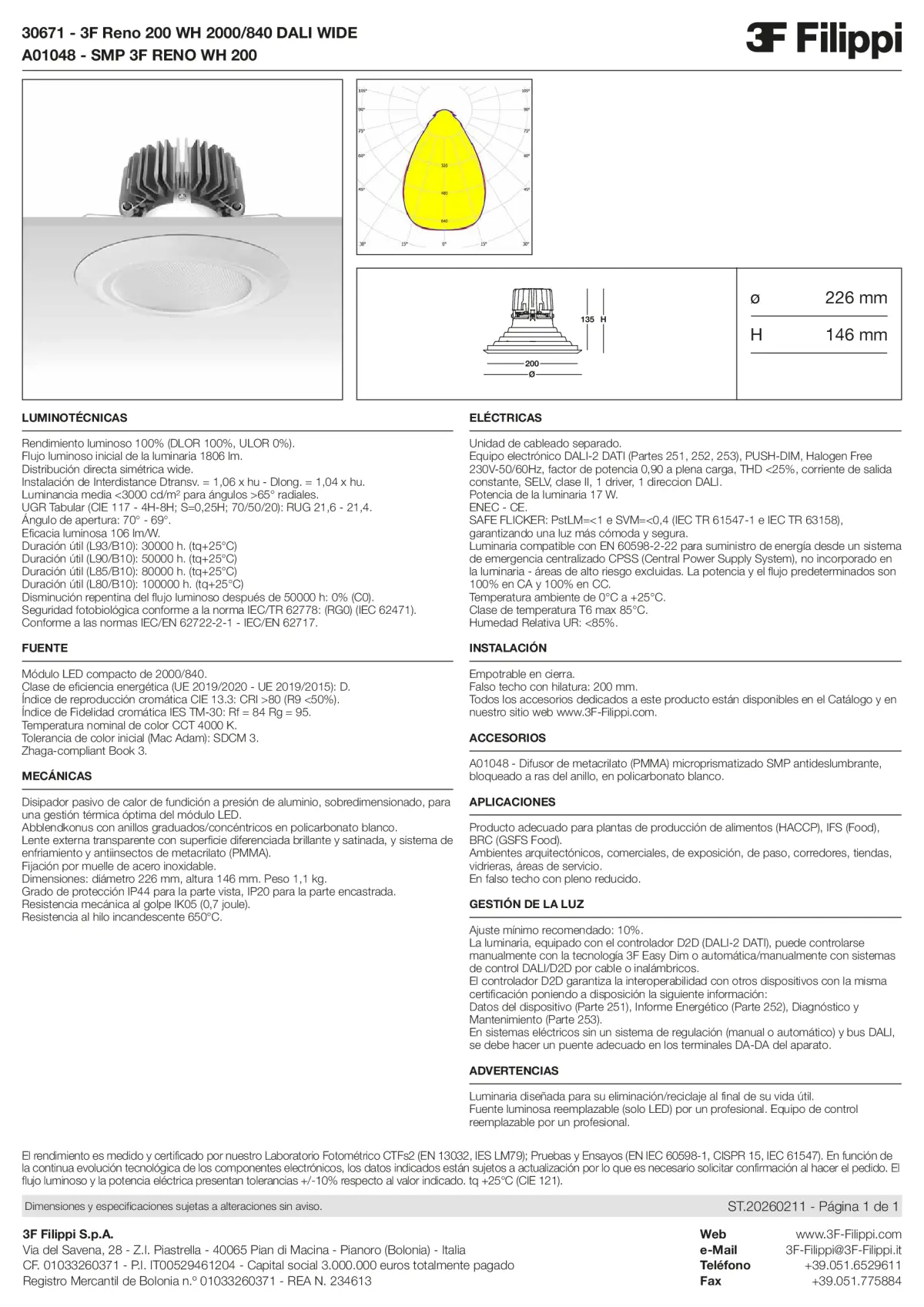 30671+A01048 - 3F Reno 200 WH 2000-840 DALI WIDE + SMP WH - Datasheet - es
