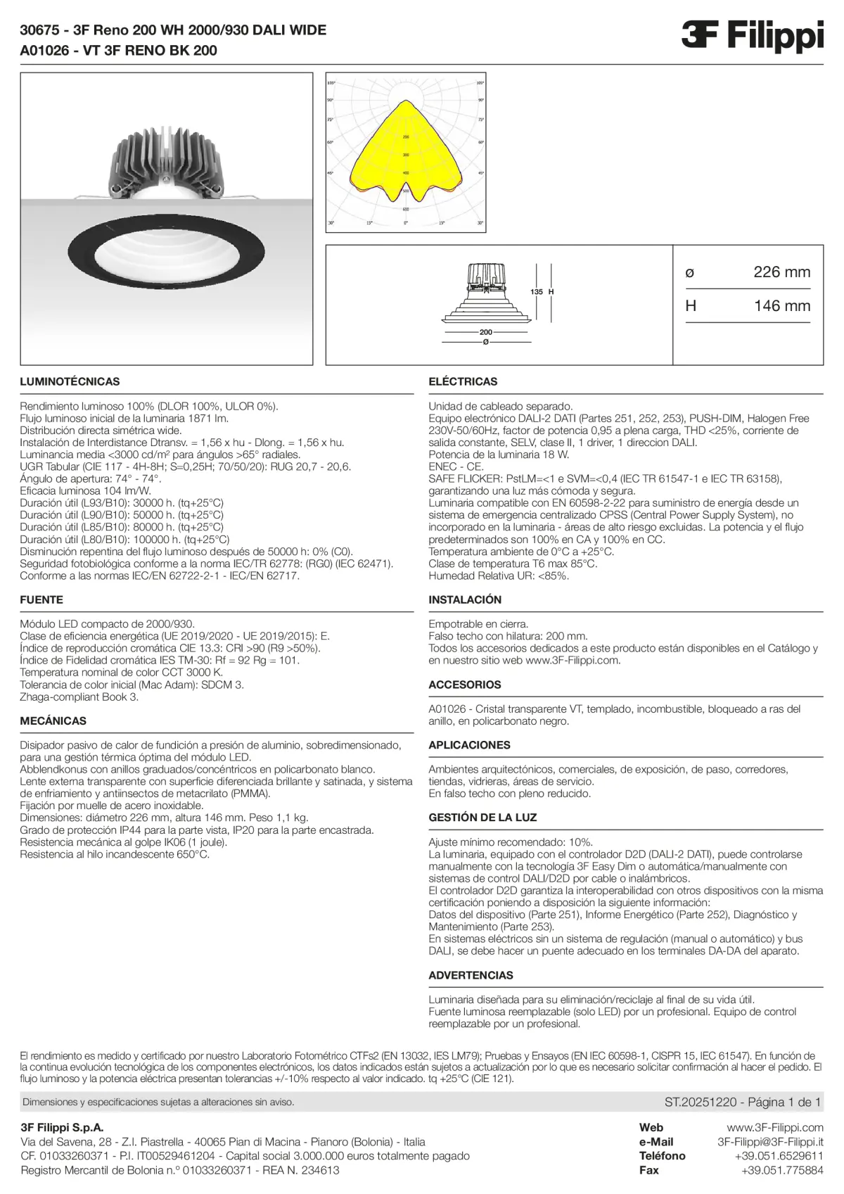 30675+A01026 - 3F Reno 200 WH 2000-930 DALI WIDE + VT BK - Datasheet - es
