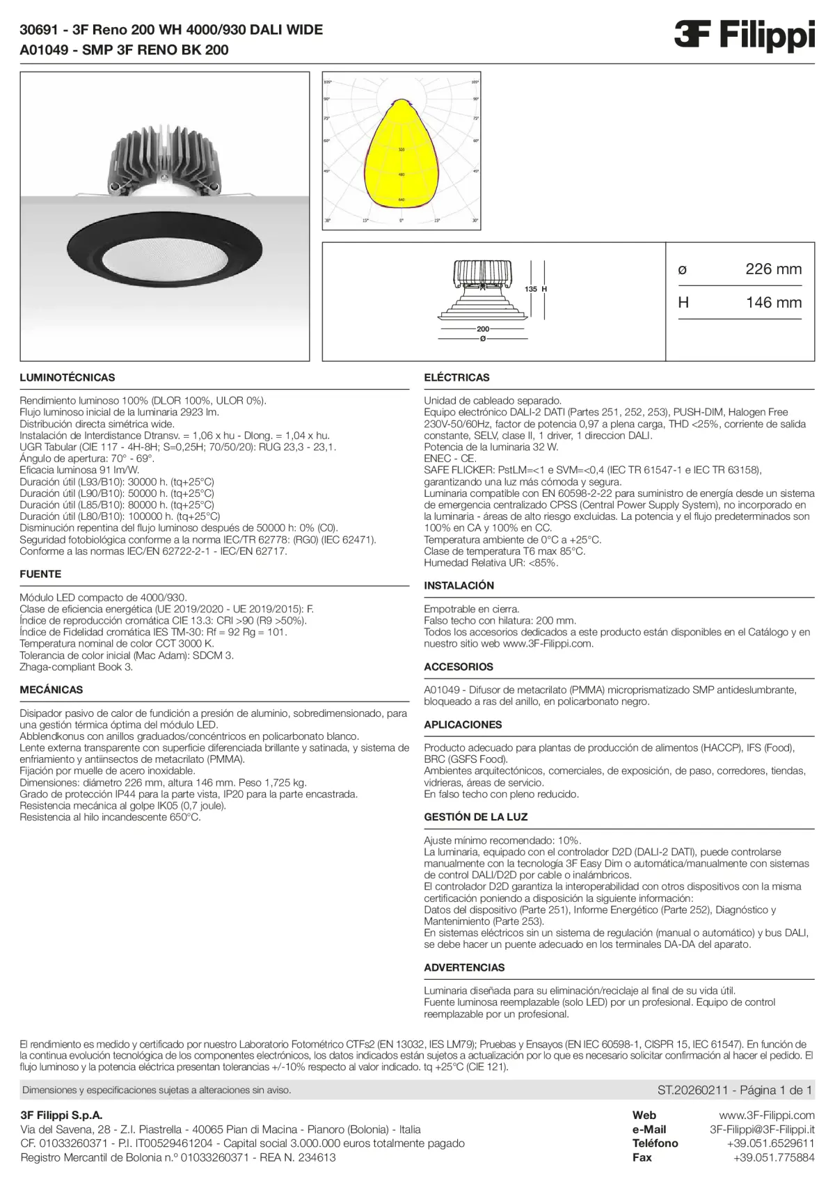 30691+A01049 - 3F Reno 200 WH 4000-930 DALI WIDE + SMP BK - Datasheet - es