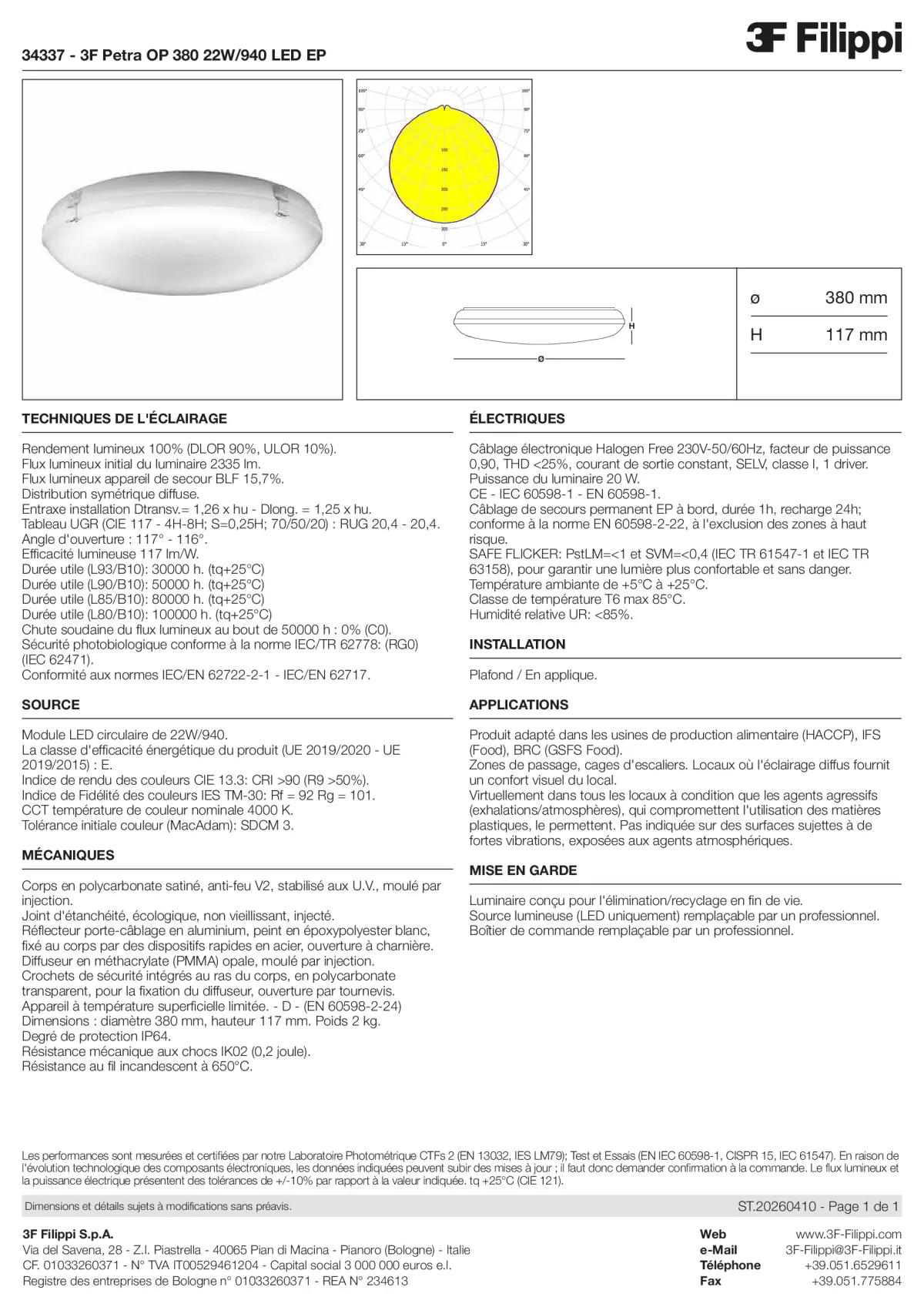 34337 - 3F Petra OP 380 22W-940 LED EP - Datasheet - fr