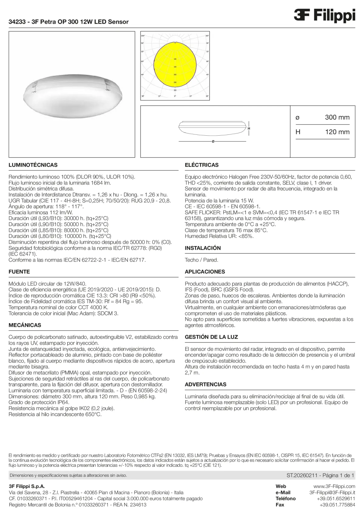 34233 - 3F Petra OP 300 12W LED Sensor - Datasheet - es