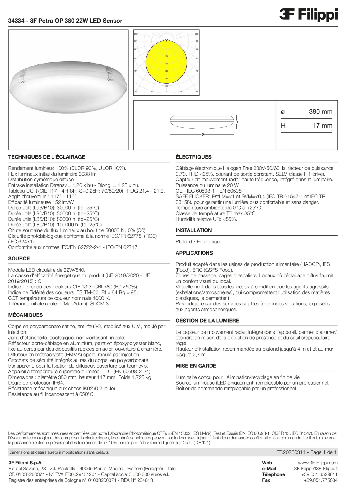 34334 - 3F Petra OP 380 22W LED Sensor - Datasheet - fr
