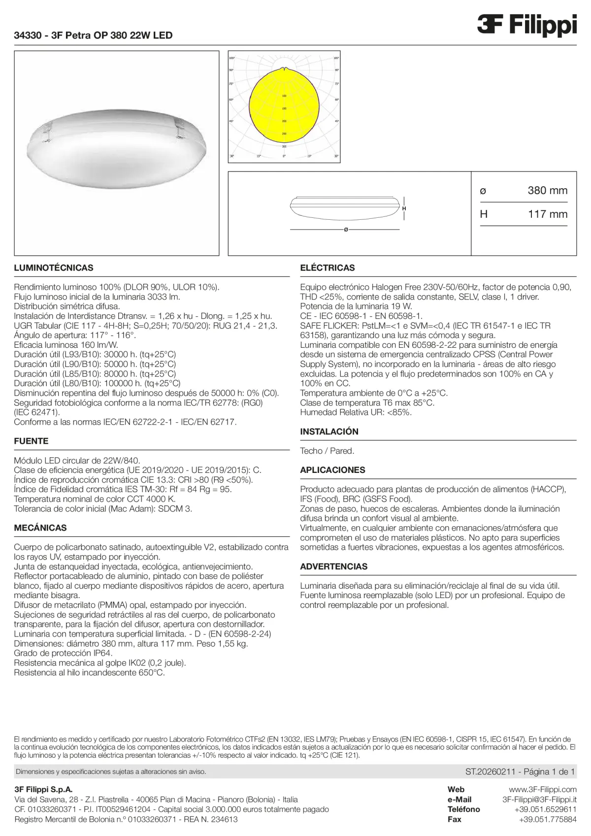 34330 - 3F Petra OP 380 22W LED - Datasheet - es