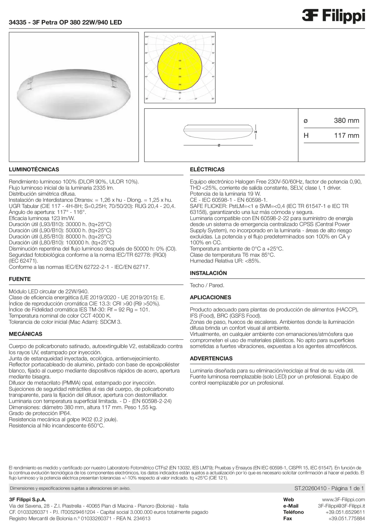 34335 - 3F Petra OP 380 22W-940 LED - Datasheet - es
