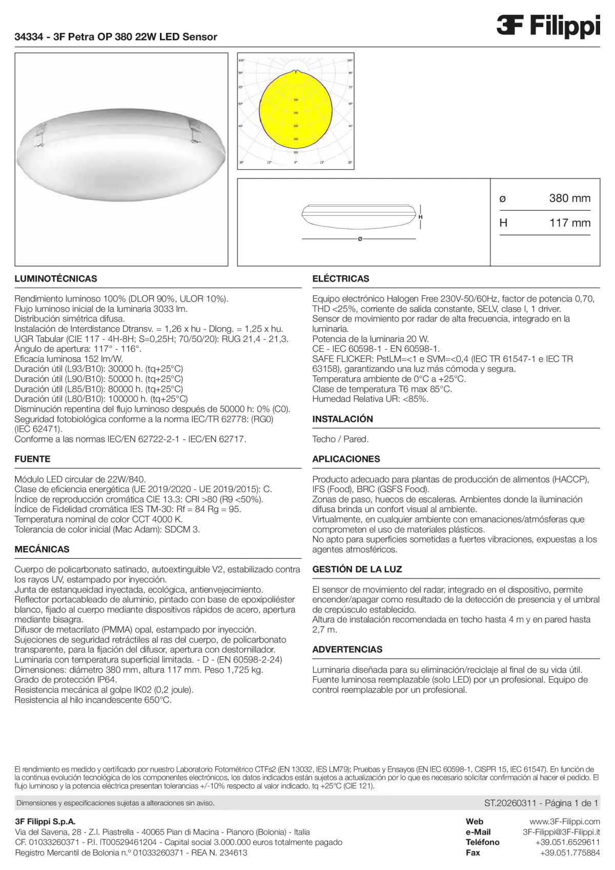34334 - 3F Petra OP 380 22W LED Sensor - Datasheet - es
