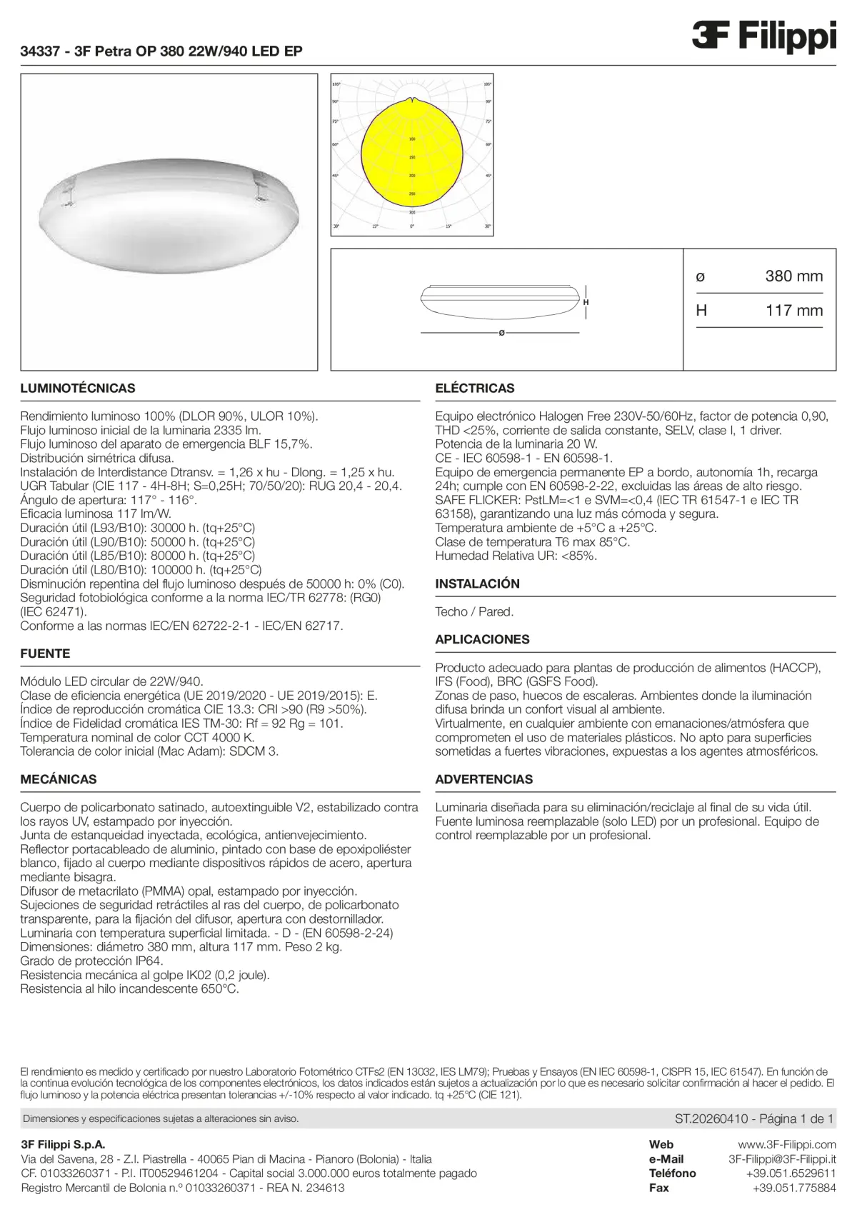34337 - 3F Petra OP 380 22W-940 LED EP - Datasheet - es