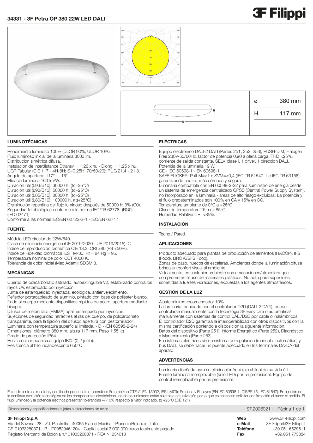 34331 - 3F Petra OP 380 22W LED DALI - Datasheet - es