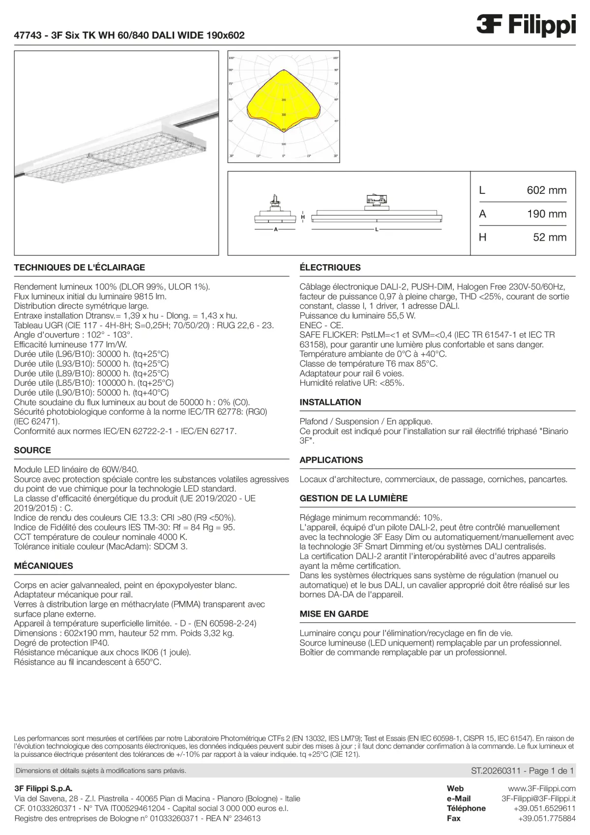 47743 - 3F Six TK WH 60-840 DALI WIDE 190x602 - Datasheet - fr