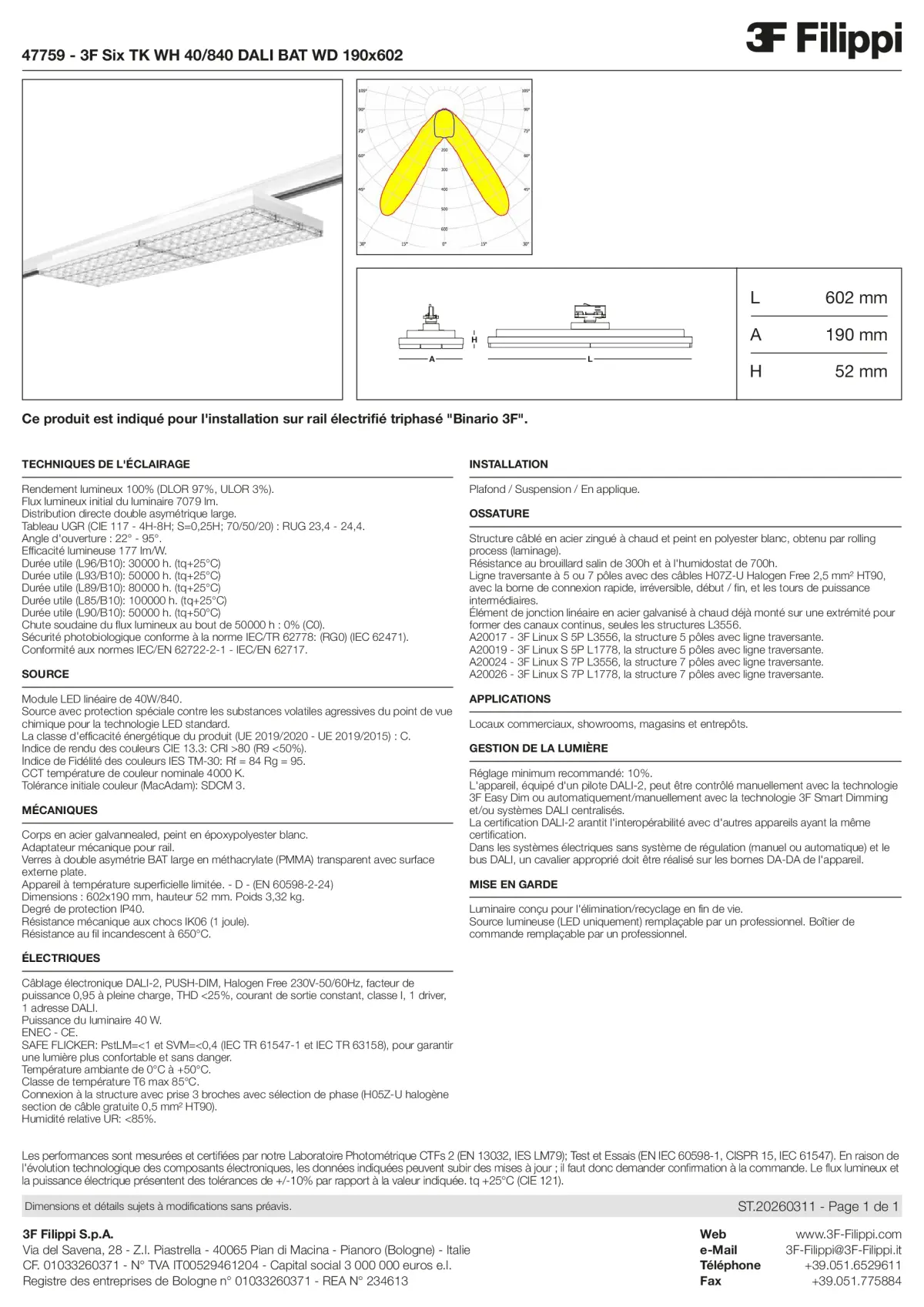 47759 - 3F Six TK WH 40-840 DALI BAT WD 190x602 - Datasheet - fr
