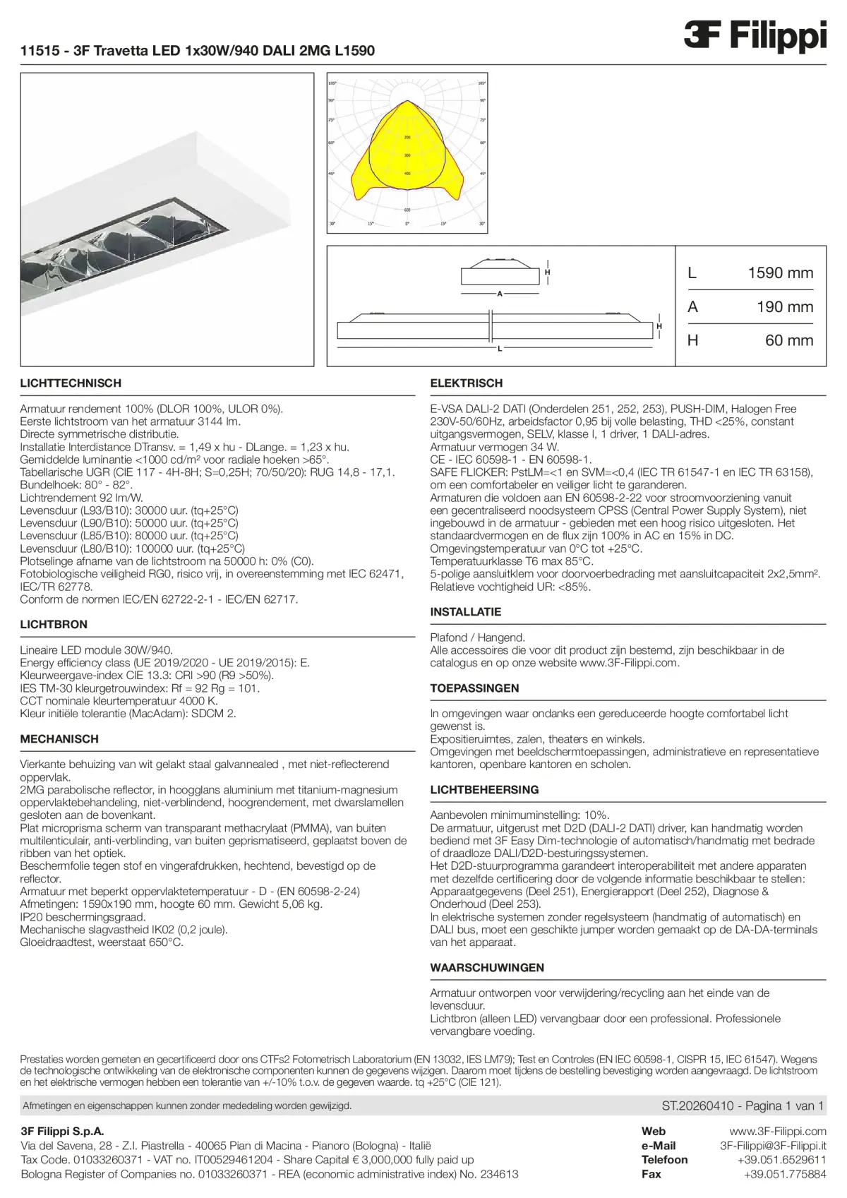 11515 - 3F Travetta LED 1x30W-940 DALI 2MG L1590 - Datasheet - nl