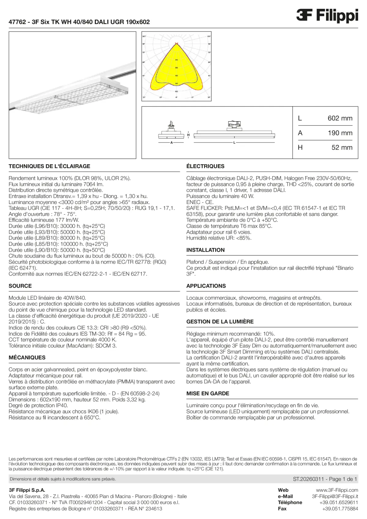 47762 - 3F Six TK WH 40-840 DALI UGR 190x602 - Datasheet - fr