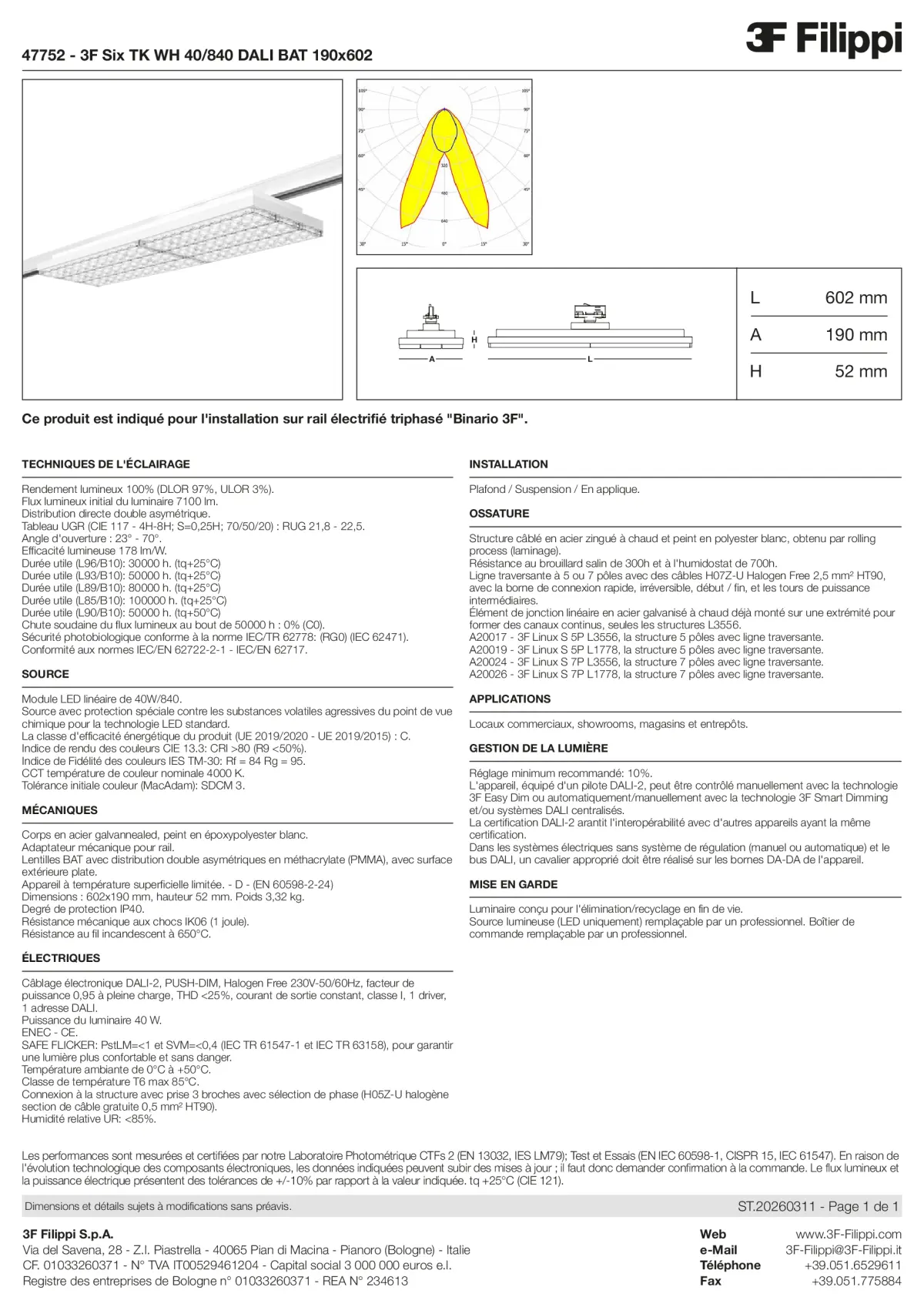 47752 - 3F Six TK WH 40-840 DALI BAT 190x602 - Datasheet - fr