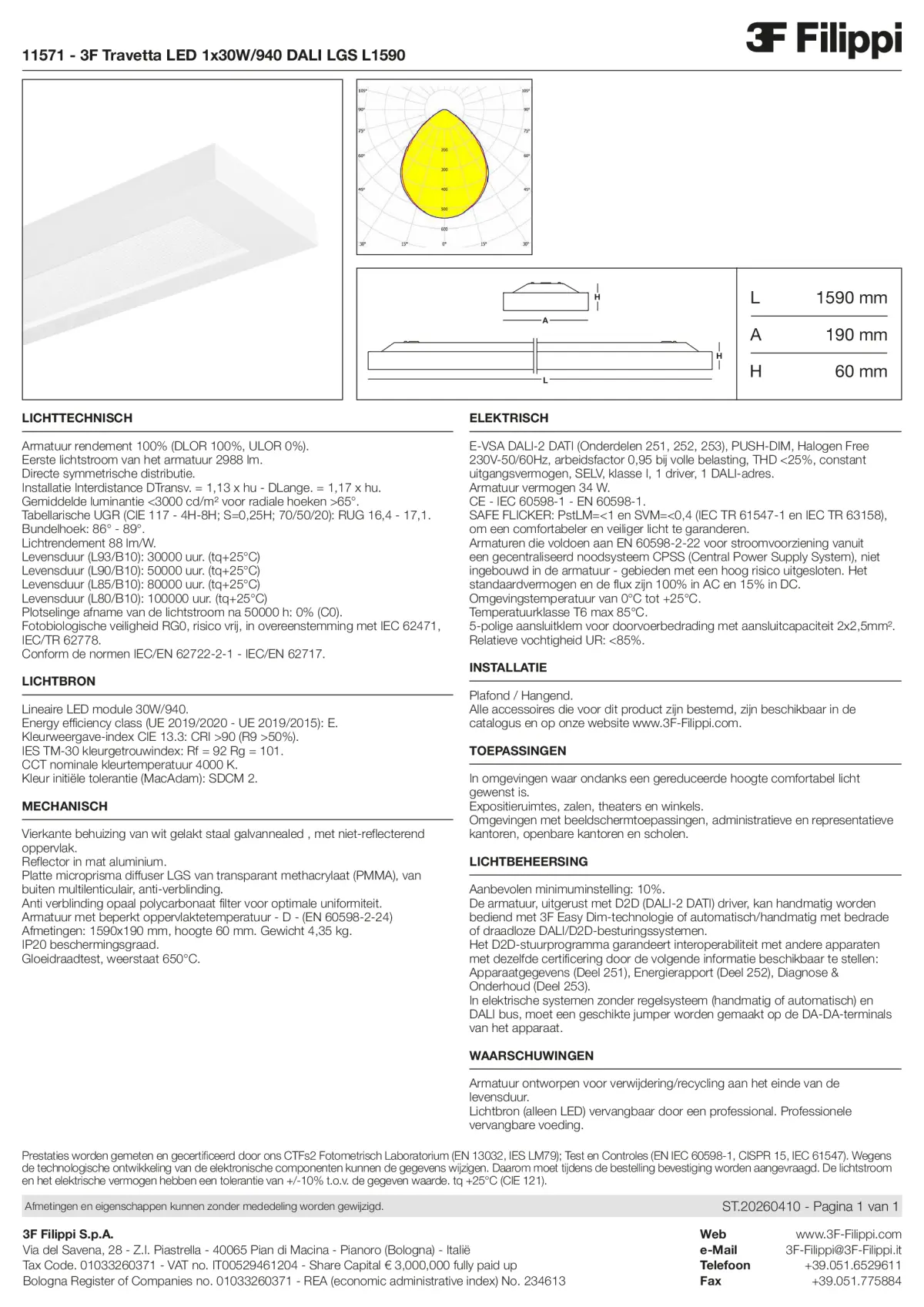 11571 - 3F Travetta LED 1x30W-940 DALI LGS L1590 - Datasheet - nl