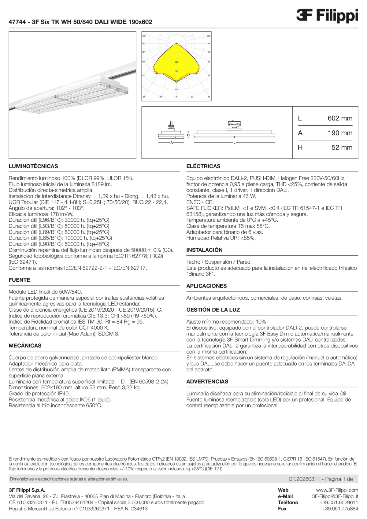 47744 - 3F Six TK WH 50-840 DALI WIDE 190x602 - Datasheet - es