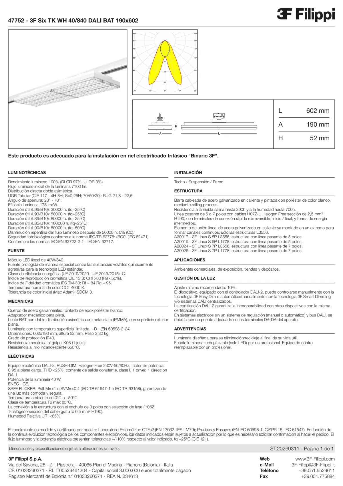47752 - 3F Six TK WH 40-840 DALI BAT 190x602 - Datasheet - es