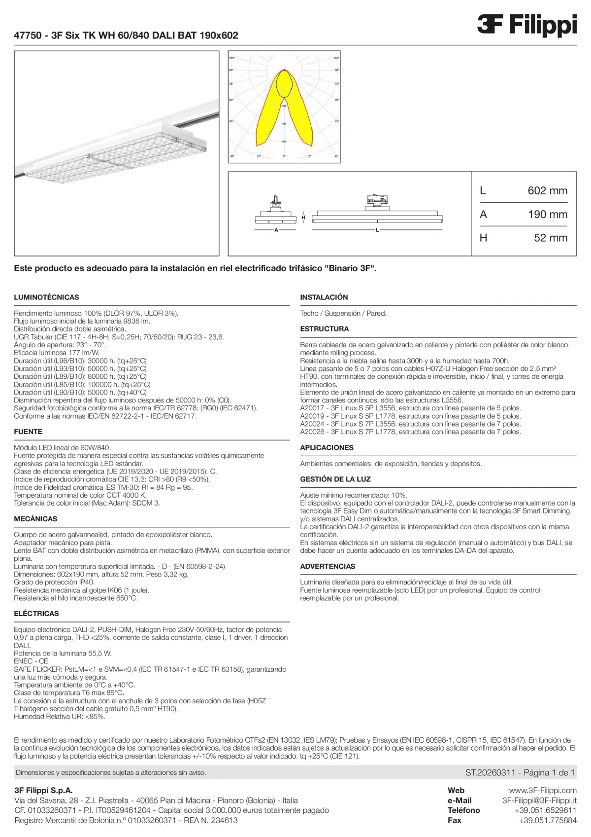 47750 - 3F Six TK WH 60-840 DALI BAT 190x602 - Datasheet - es