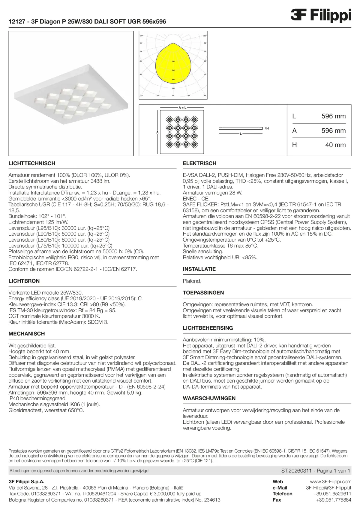 12127 - 3F Diagon P 25W-830 DALI SOFT UGR 596x596 - Datasheet - nl
