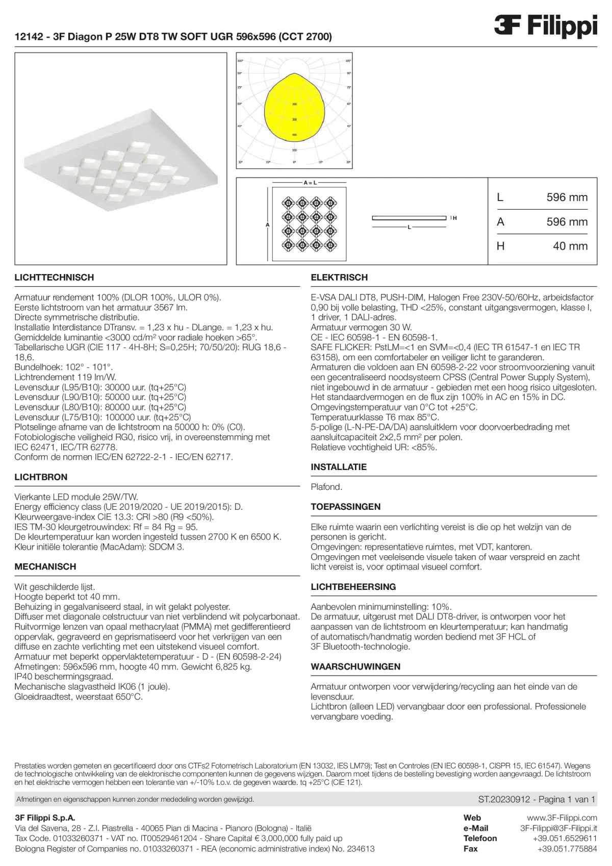 12142 - 3F Diagon P 25W DT8 TW SOFT UGR 596x596 (CCT 2700) - Datasheet - nl
