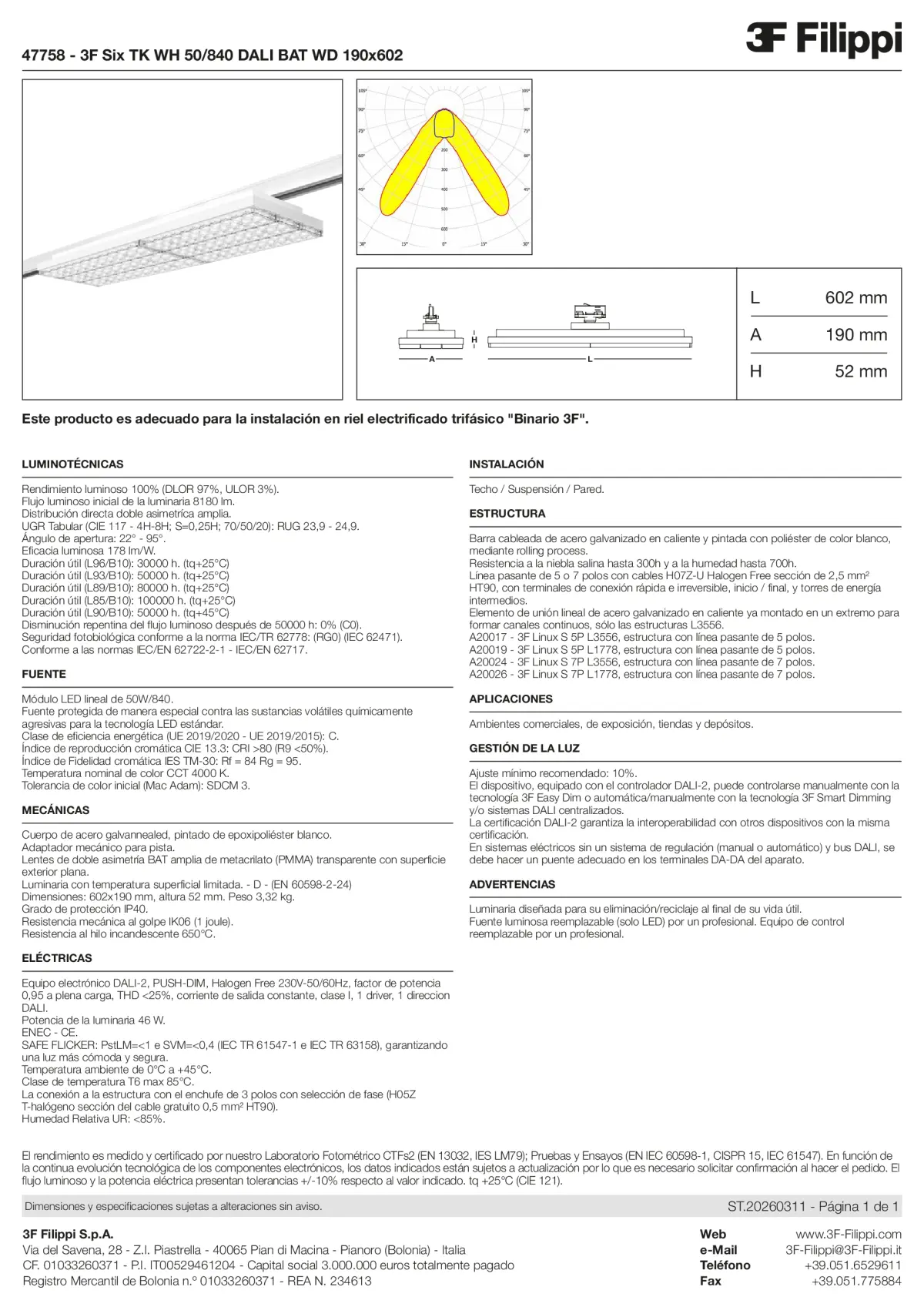 47758 - 3F Six TK WH 50-840 DALI BAT WD 190x602 - Datasheet - es