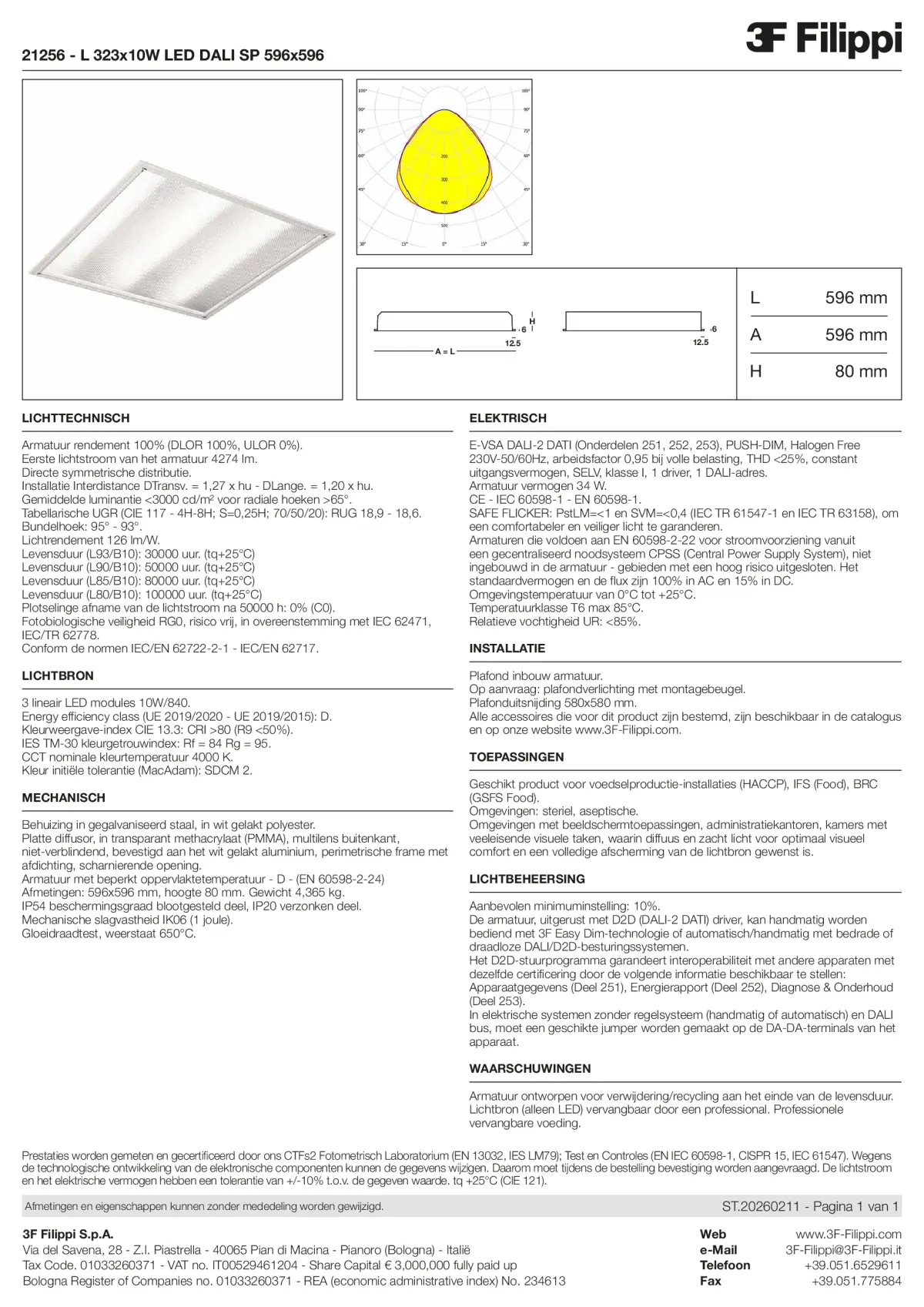 21256 - L 323x10W LED DALI SP 596x596 - Datasheet - nl