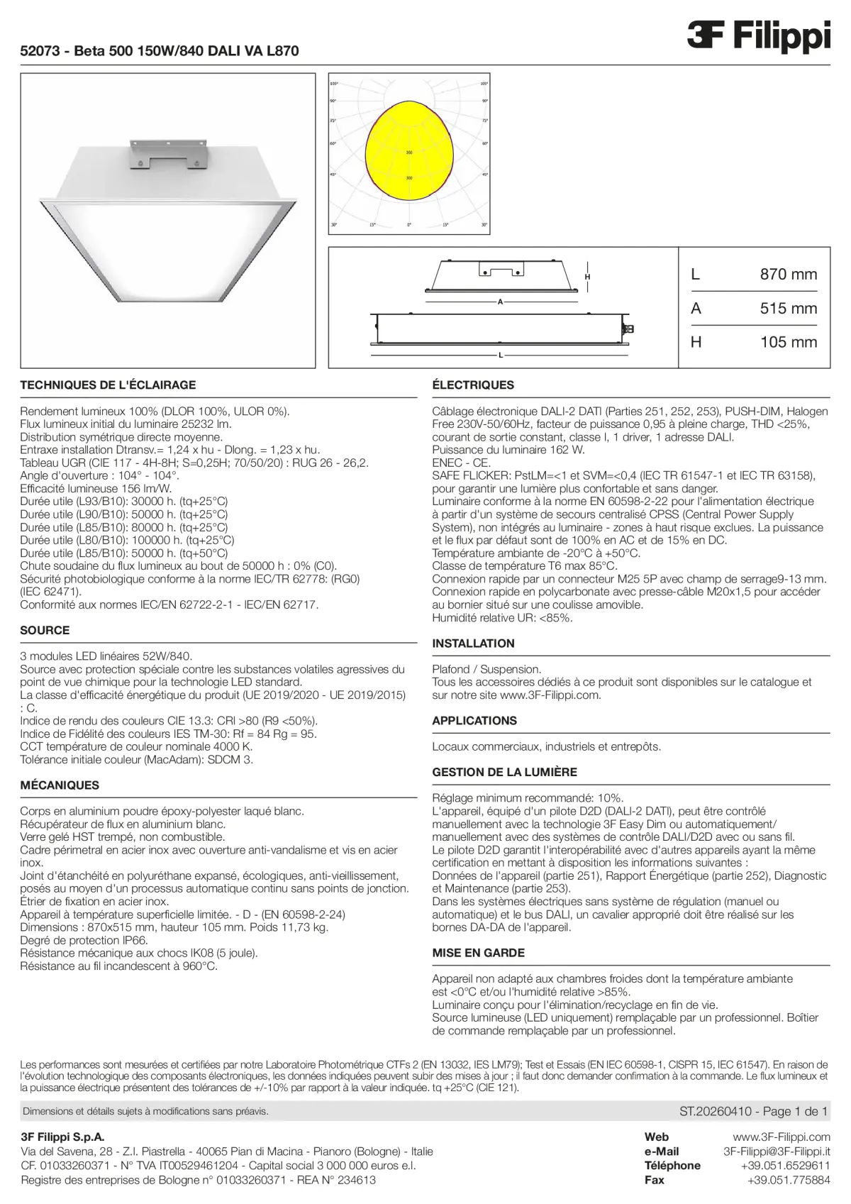 52073 - Beta 500 150W-840 DALI VA L870 - Datasheet - fr