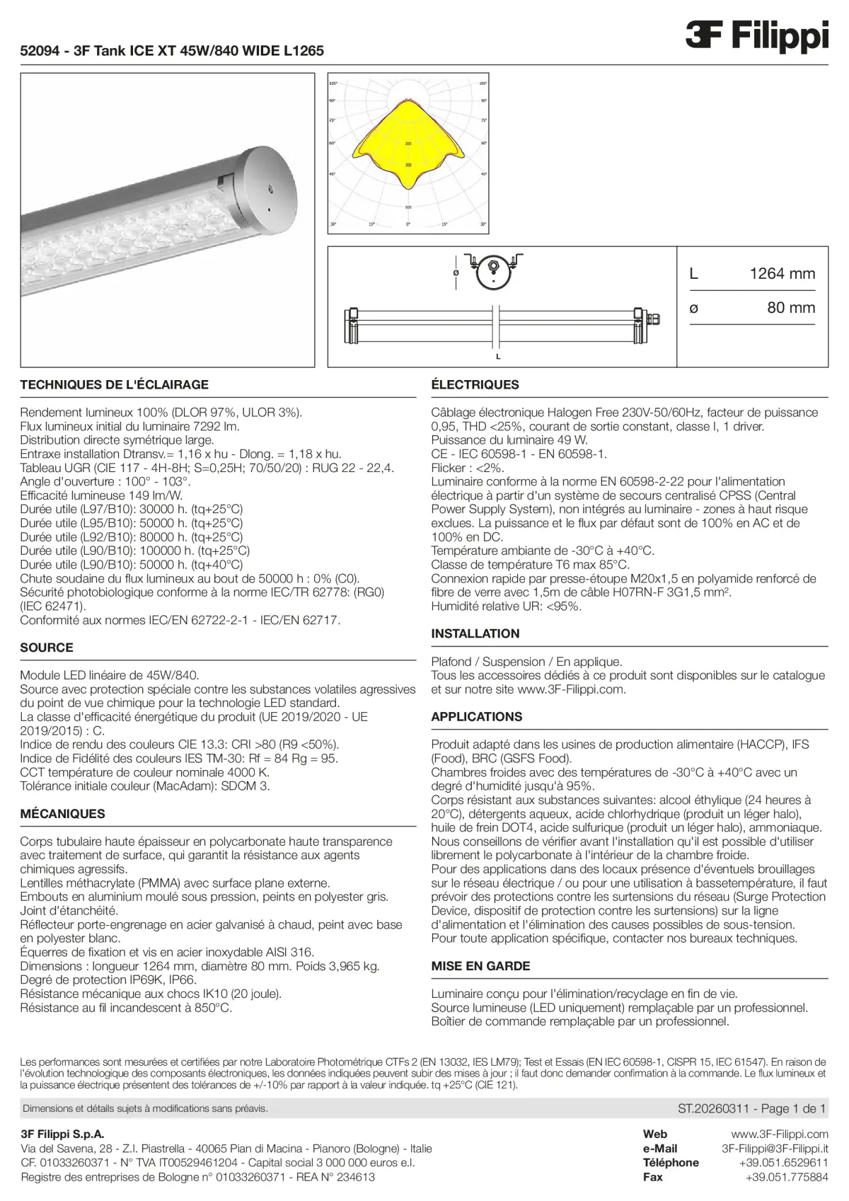 52094 - 3F Tank ICE XT 45W-840 WIDE L1265 - Datasheet - fr