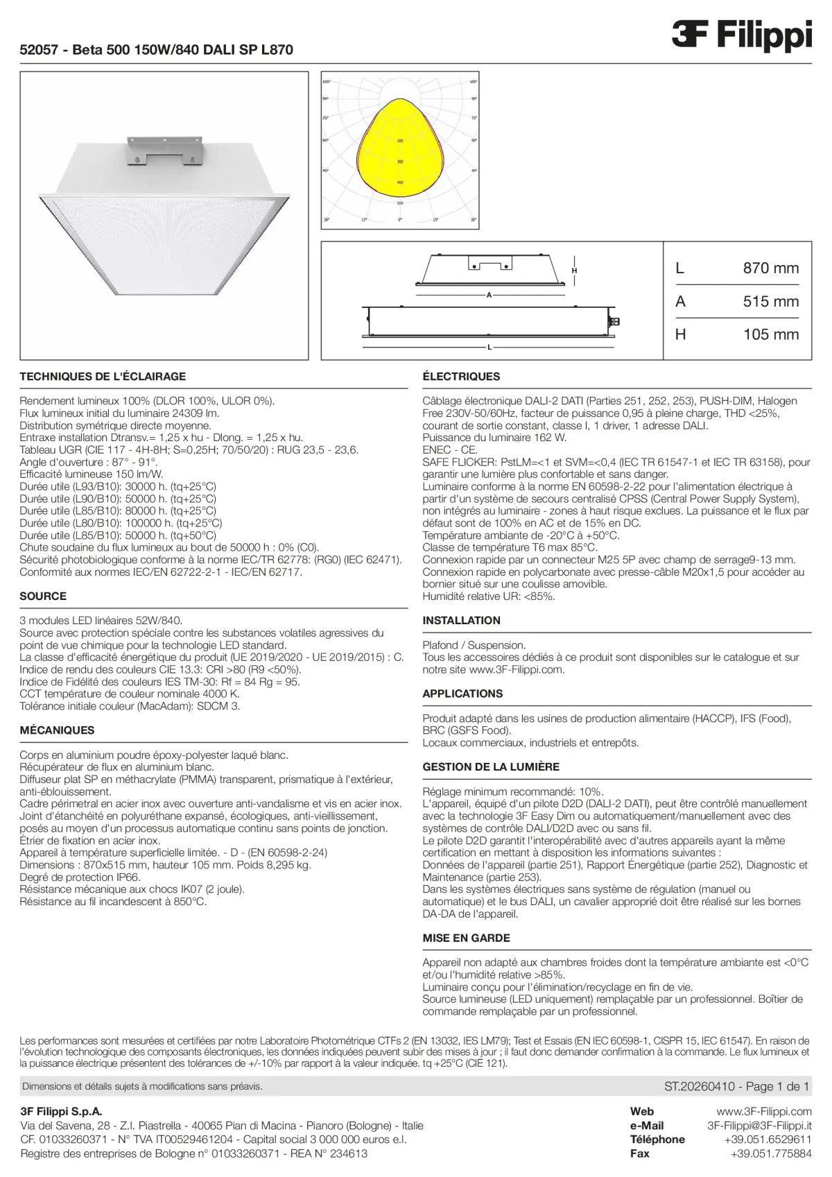 52057 - Beta 500 150W-840 DALI SP L870 - Datasheet - fr