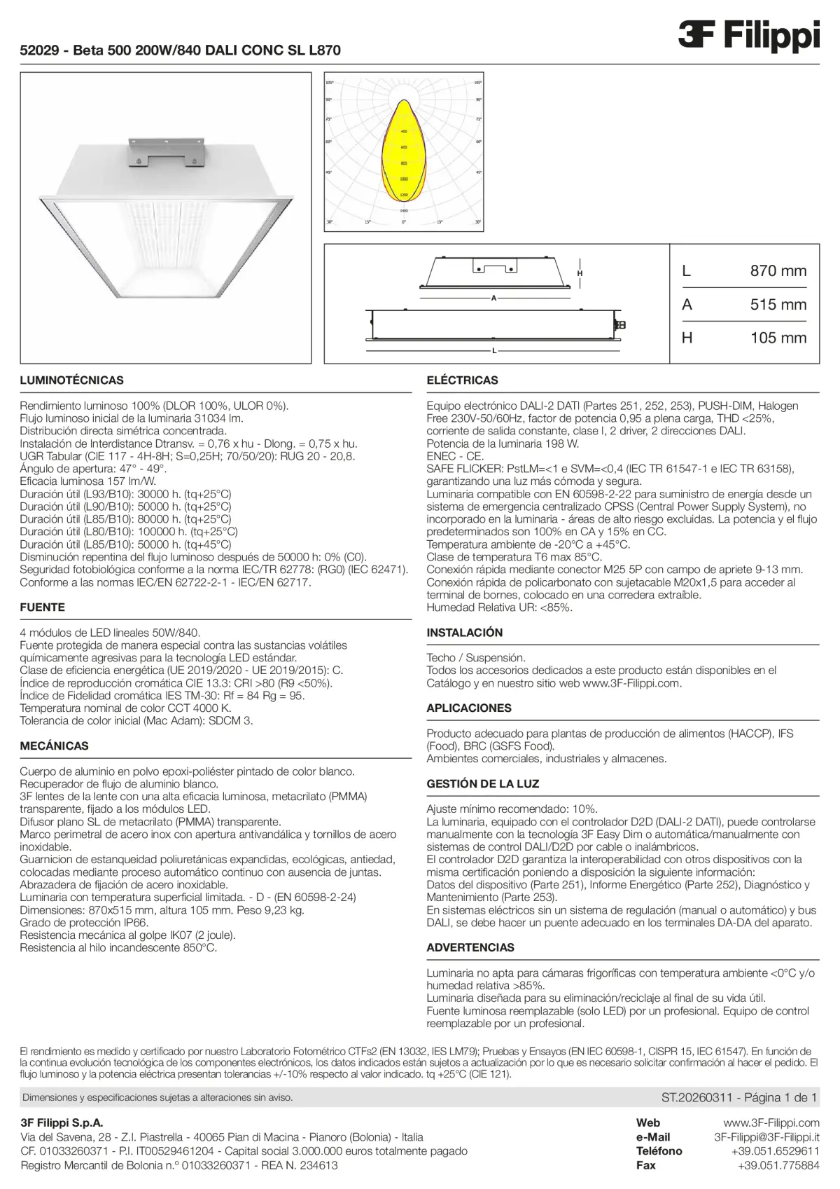 52029 - Beta 500 200W-840 DALI CONC SL L870 - Datasheet - es