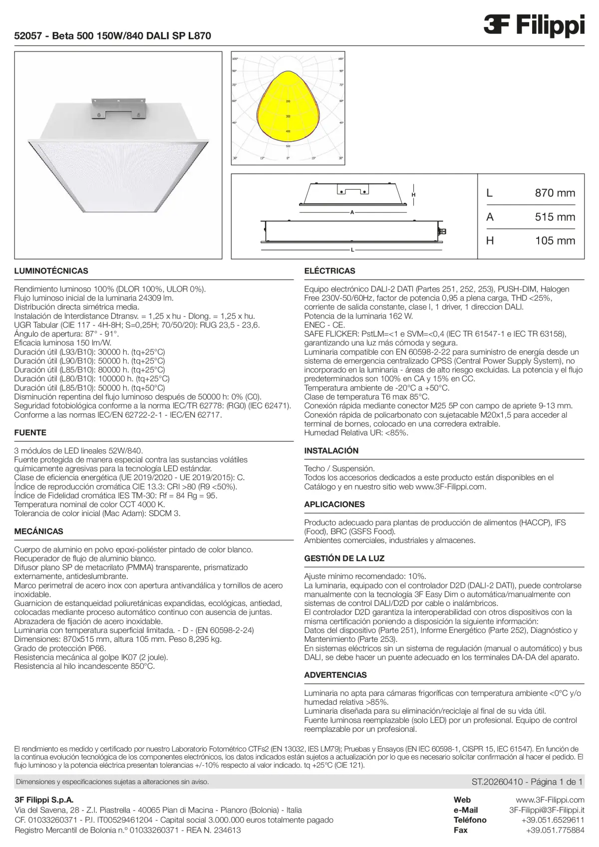 52057 - Beta 500 150W-840 DALI SP L870 - Datasheet - es