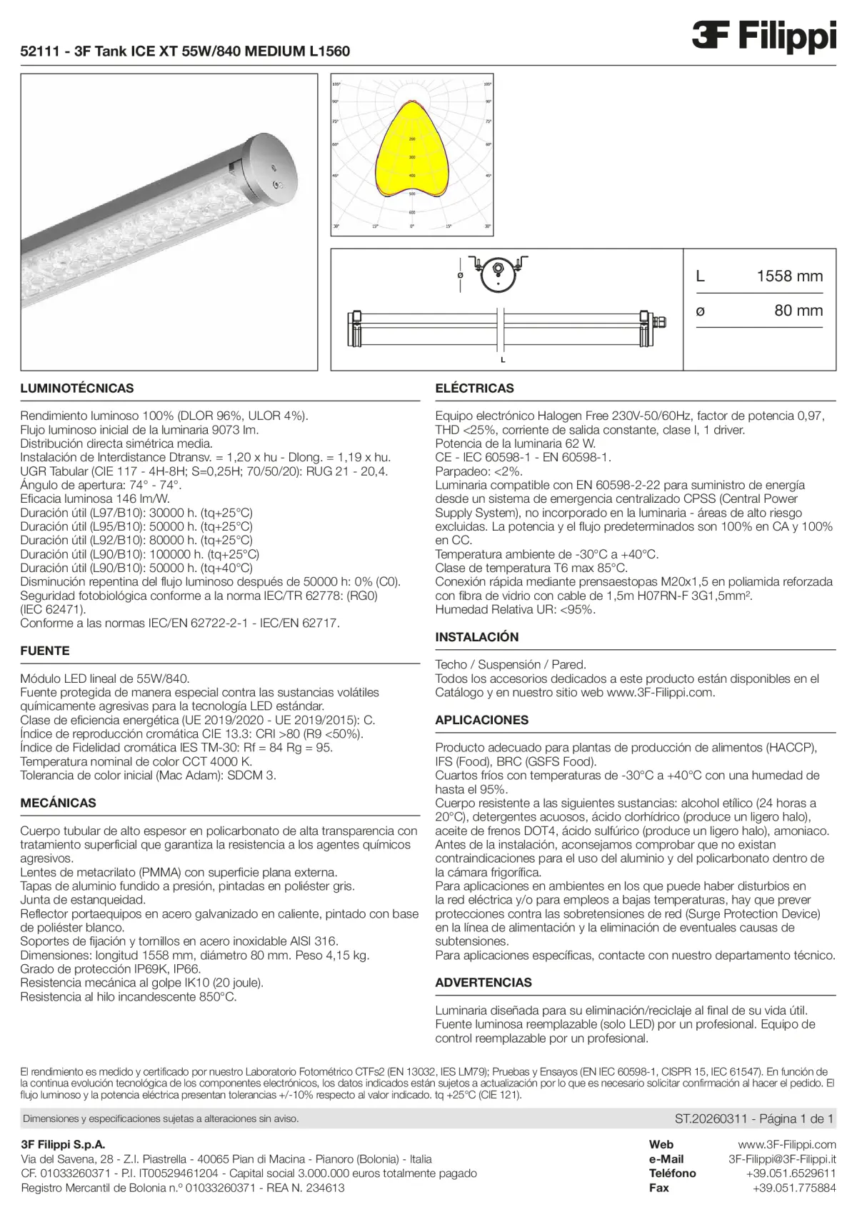 52111 - 3F Tank ICE XT 55W-840 MEDIUM L1560 - Datasheet - es