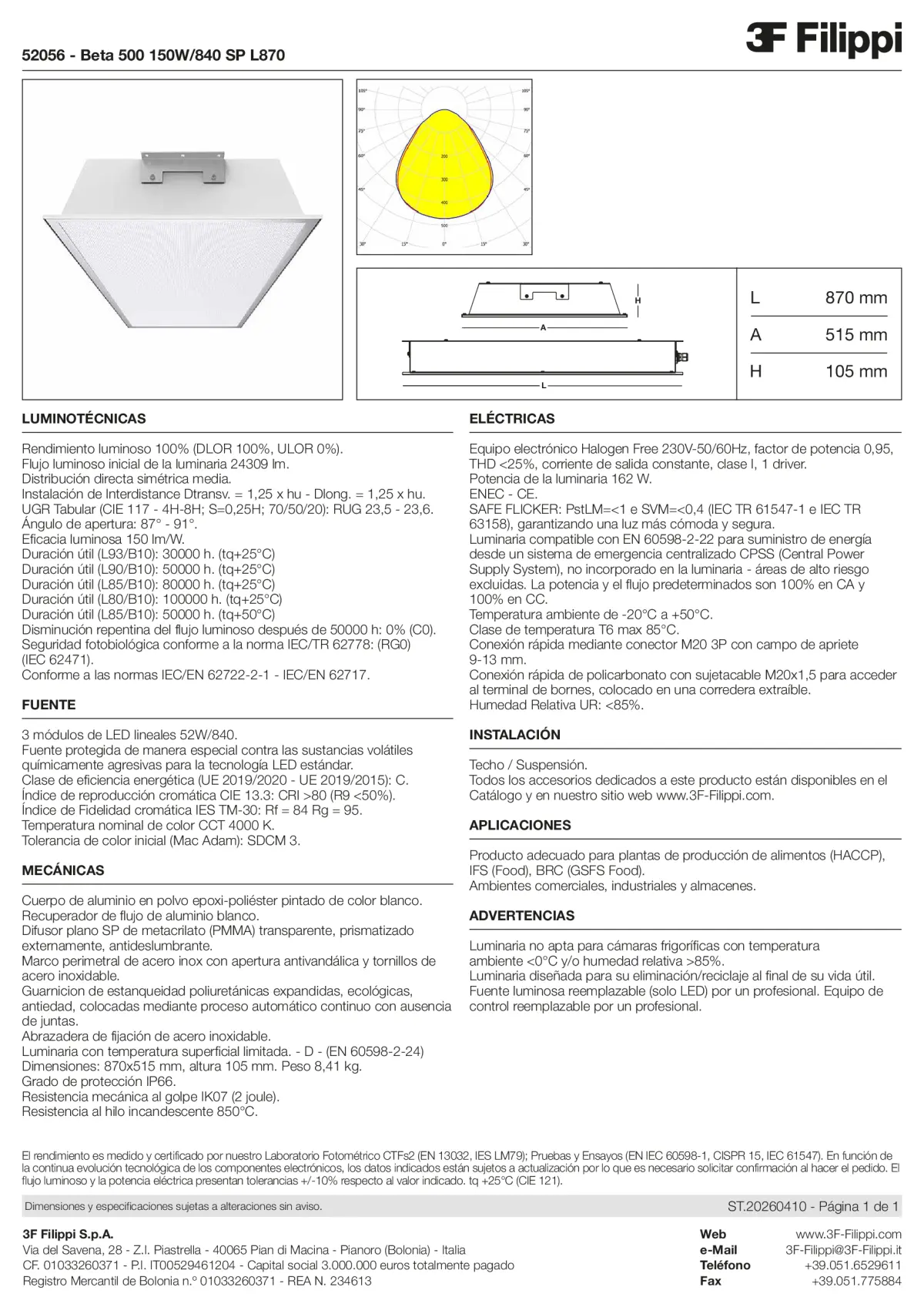 52056 - Beta 500 150W-840 SP L870 - Datasheet - es