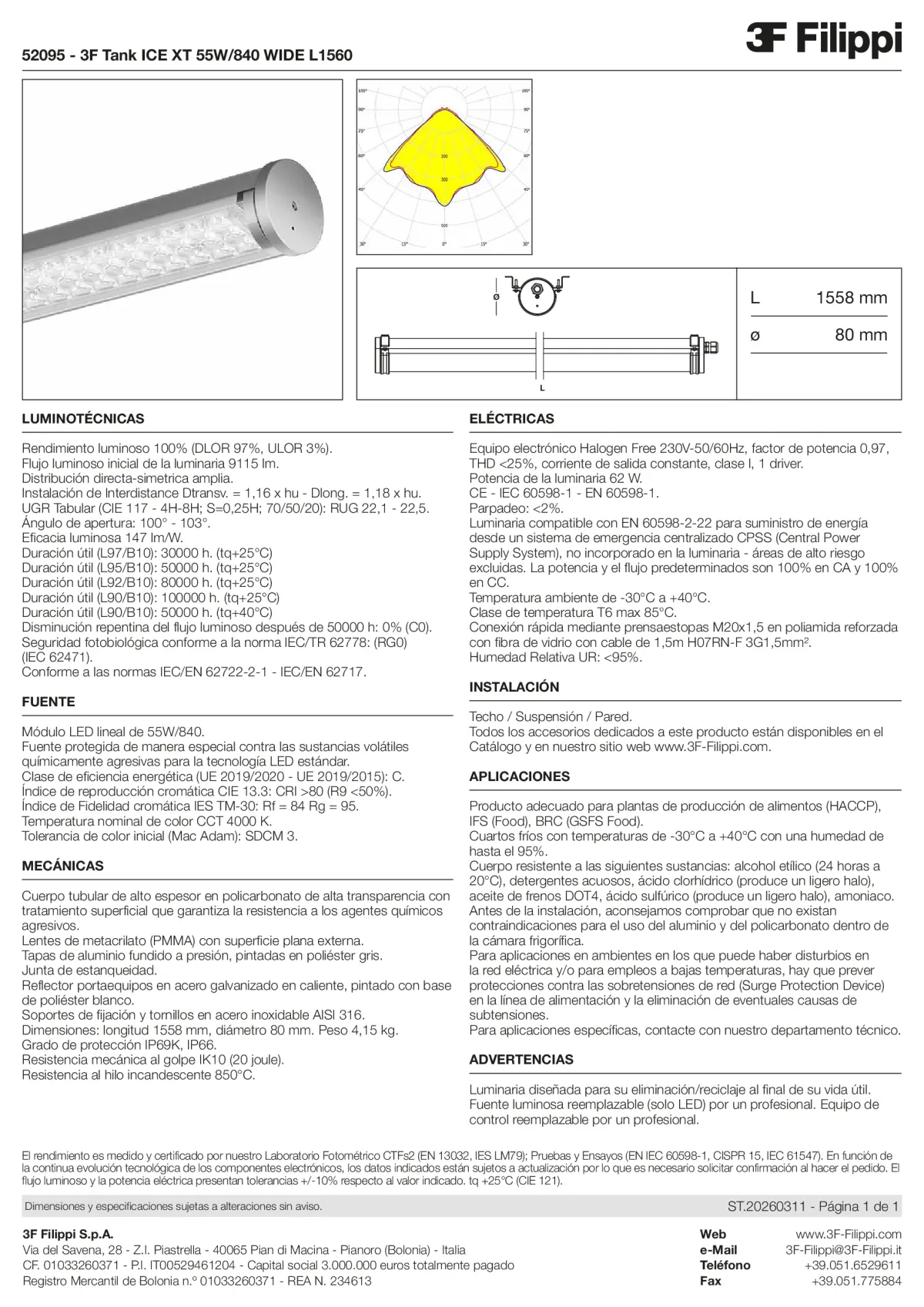 52095 - 3F Tank ICE XT 55W-840 WIDE L1560 - Datasheet - es