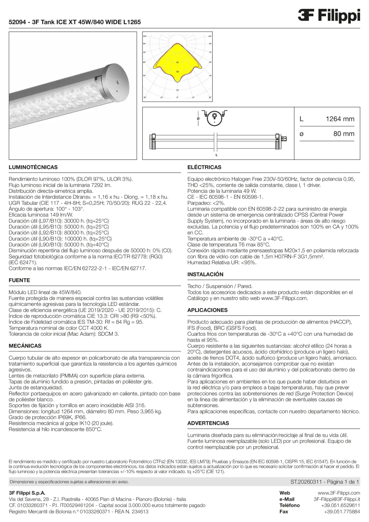 52094 - 3F Tank ICE XT 45W-840 WIDE L1265 - Datasheet - es