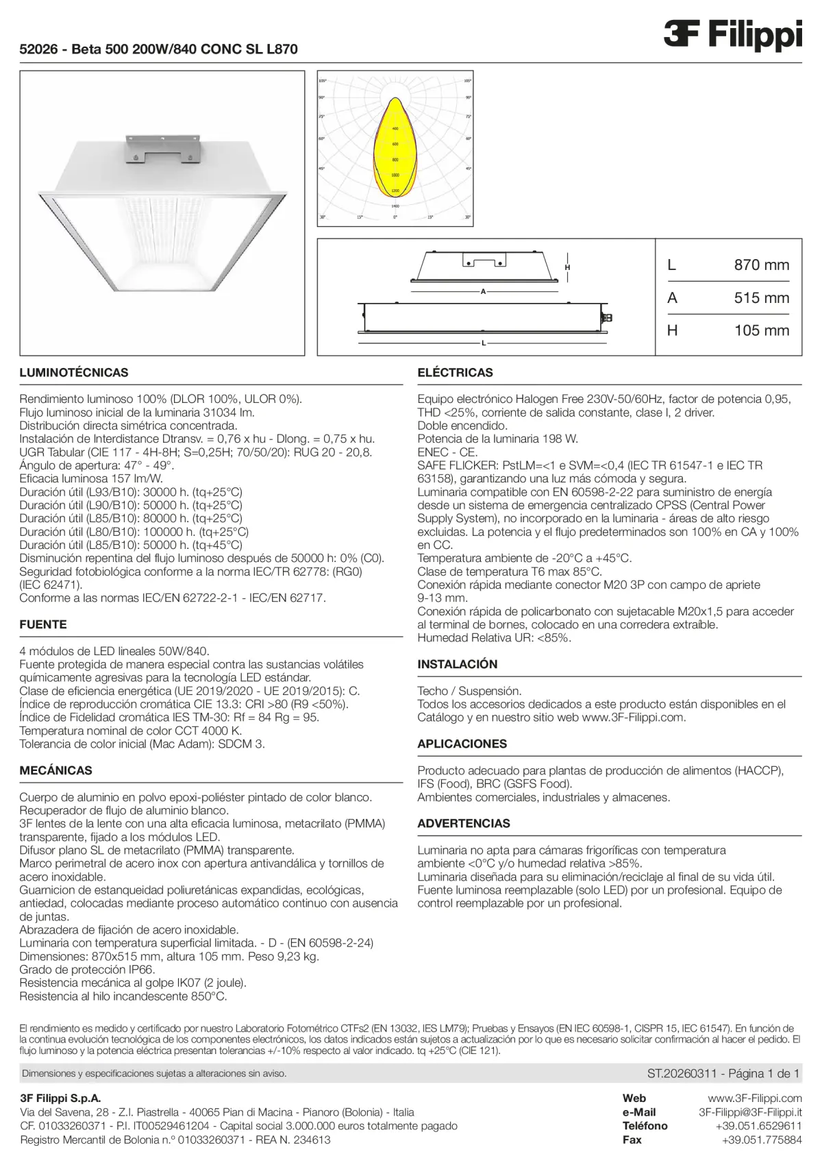 52026 - Beta 500 200W-840 CONC SL L870 - Datasheet - es