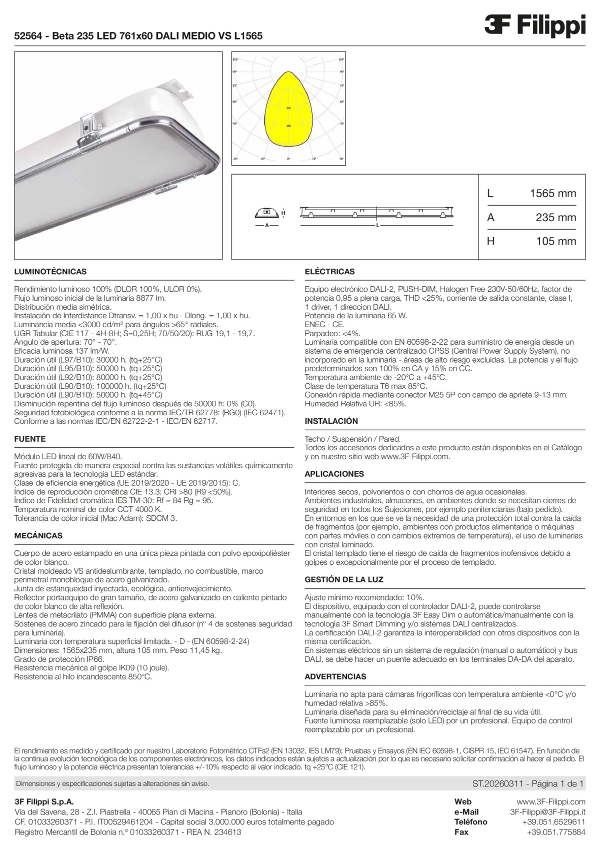 52564 - Beta 235 LED 761x60 DALI MEDIO VS L1565 - Datasheet - es