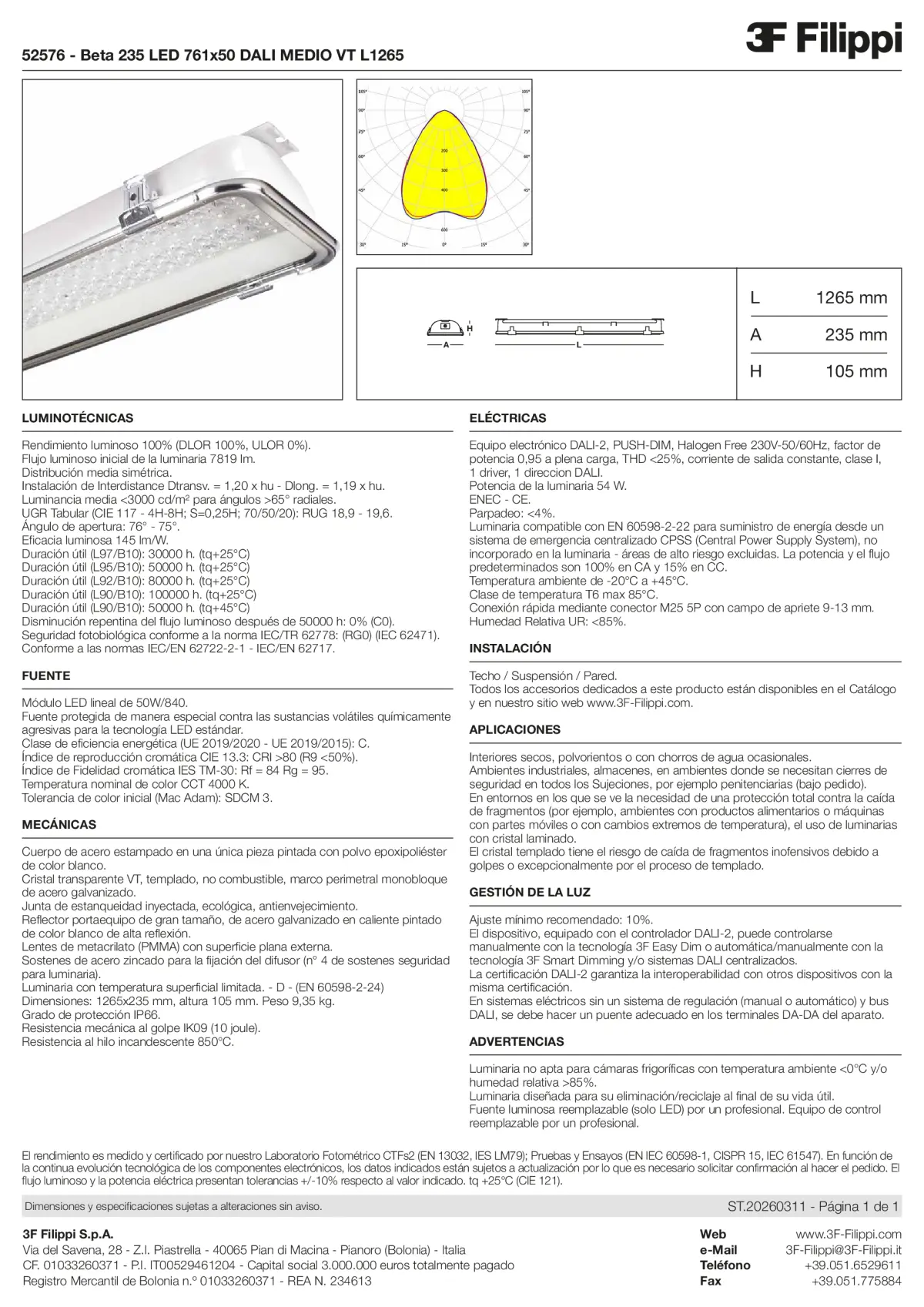 52576 - Beta 235 LED 761x50 DALI MEDIO VT L1265 - Datasheet - es