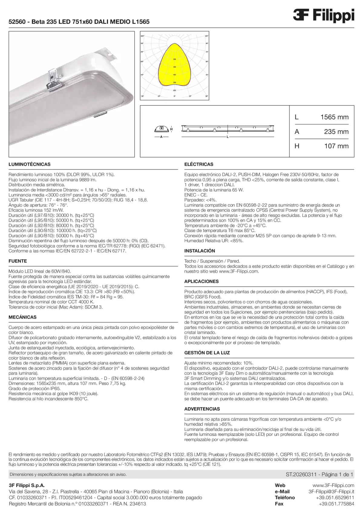 52560 - Beta 235 LED 751x60 DALI MEDIO L1565 - Datasheet - es