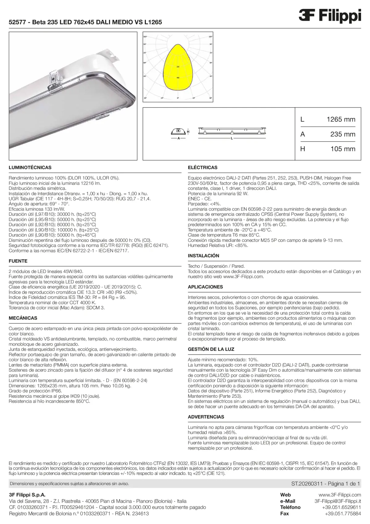 52577 - Beta 235 LED 762x45 DALI MEDIO VS L1265 - Datasheet - es