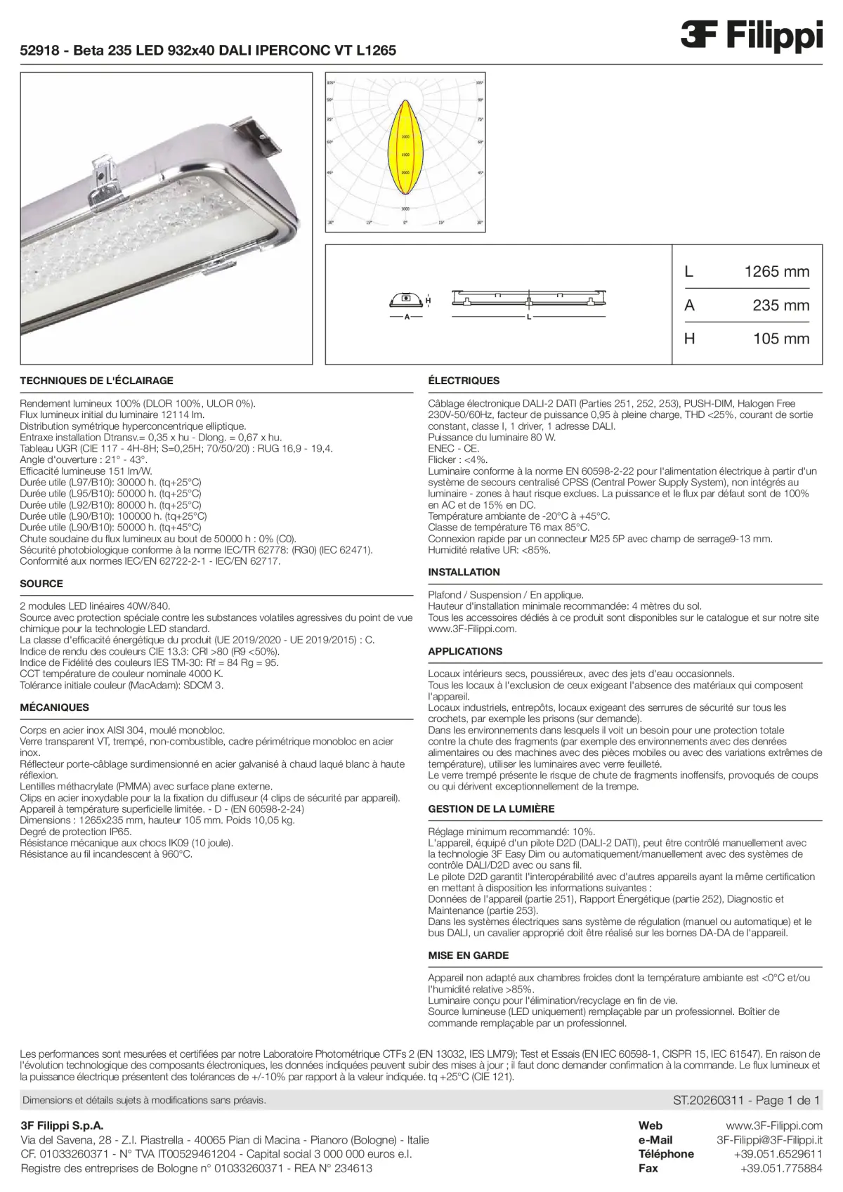 52918 - Beta 235 LED 932x40 DALI IPERCONC VT L1265 - Datasheet - fr