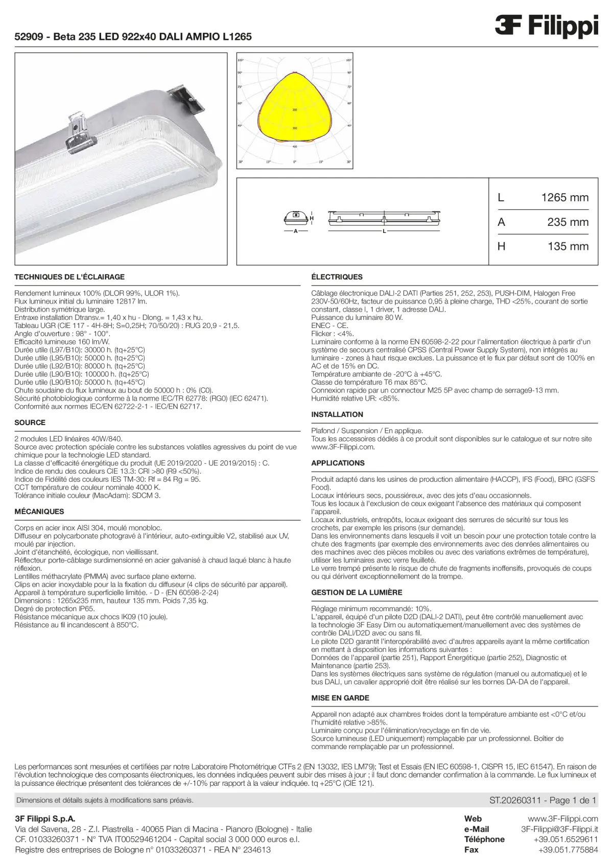 52909 - Beta 235 LED 922x40 DALI AMPIO L1265 - Datasheet - fr