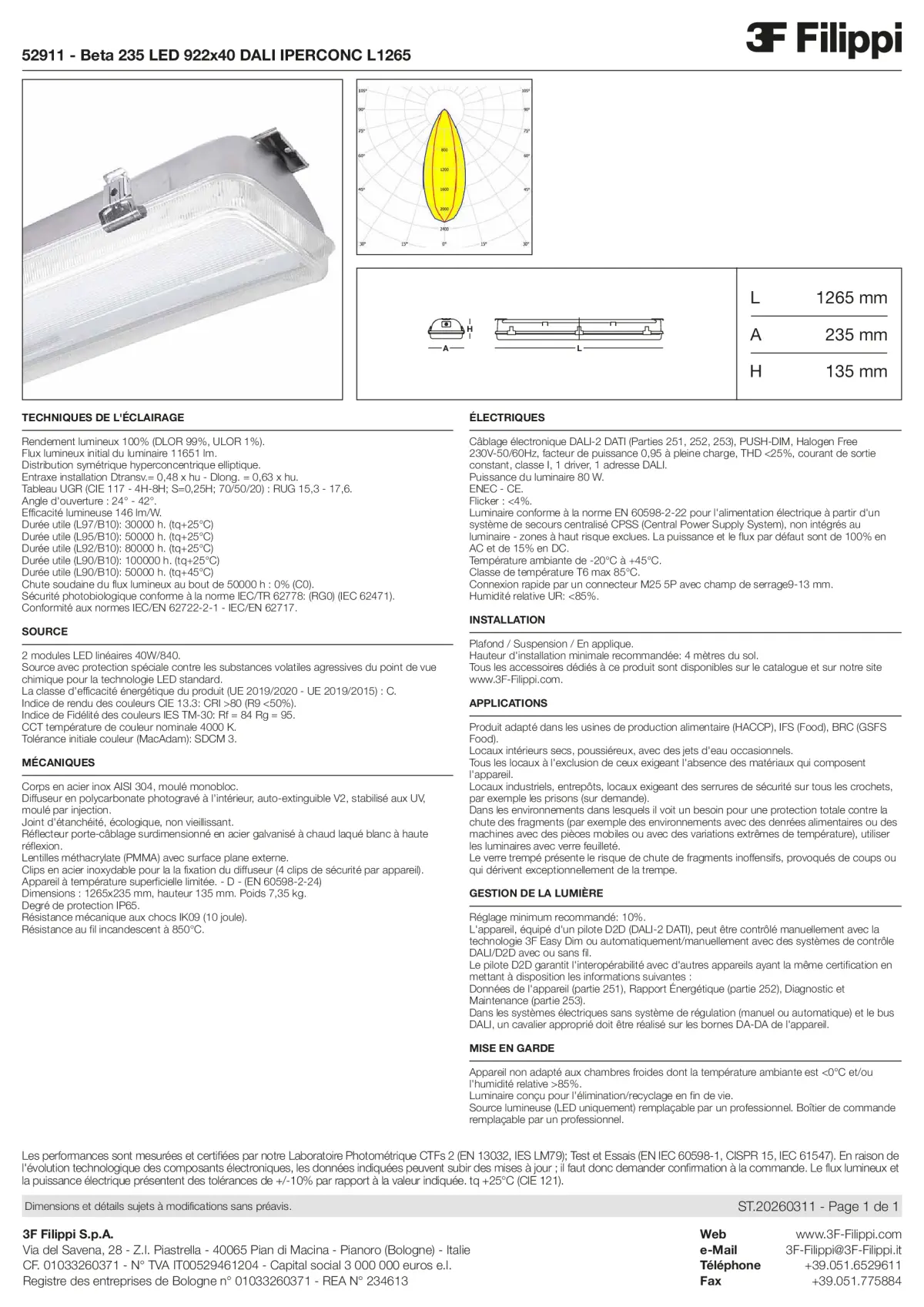 52911 - Beta 235 LED 922x40 DALI IPERCONC L1265 - Datasheet - fr