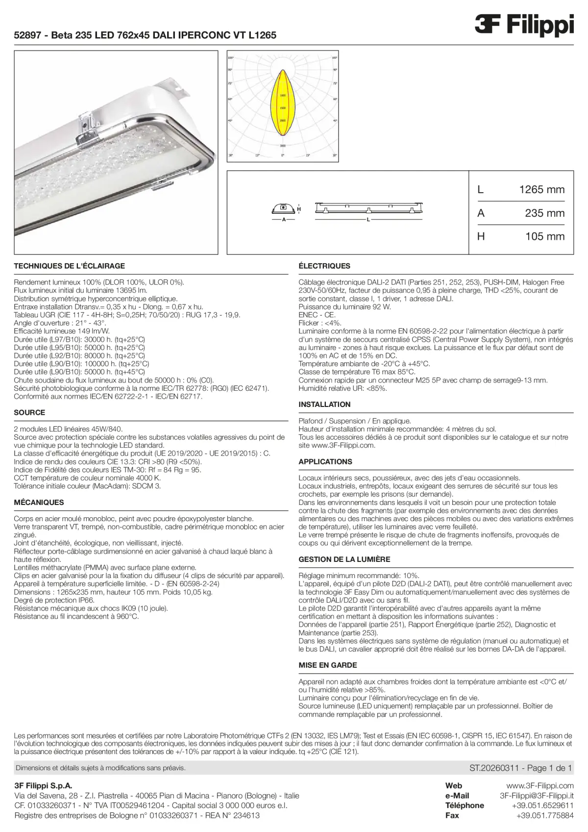 52897 - Beta 235 LED 762x45 DALI IPERCONC VT L1265 - Datasheet - fr