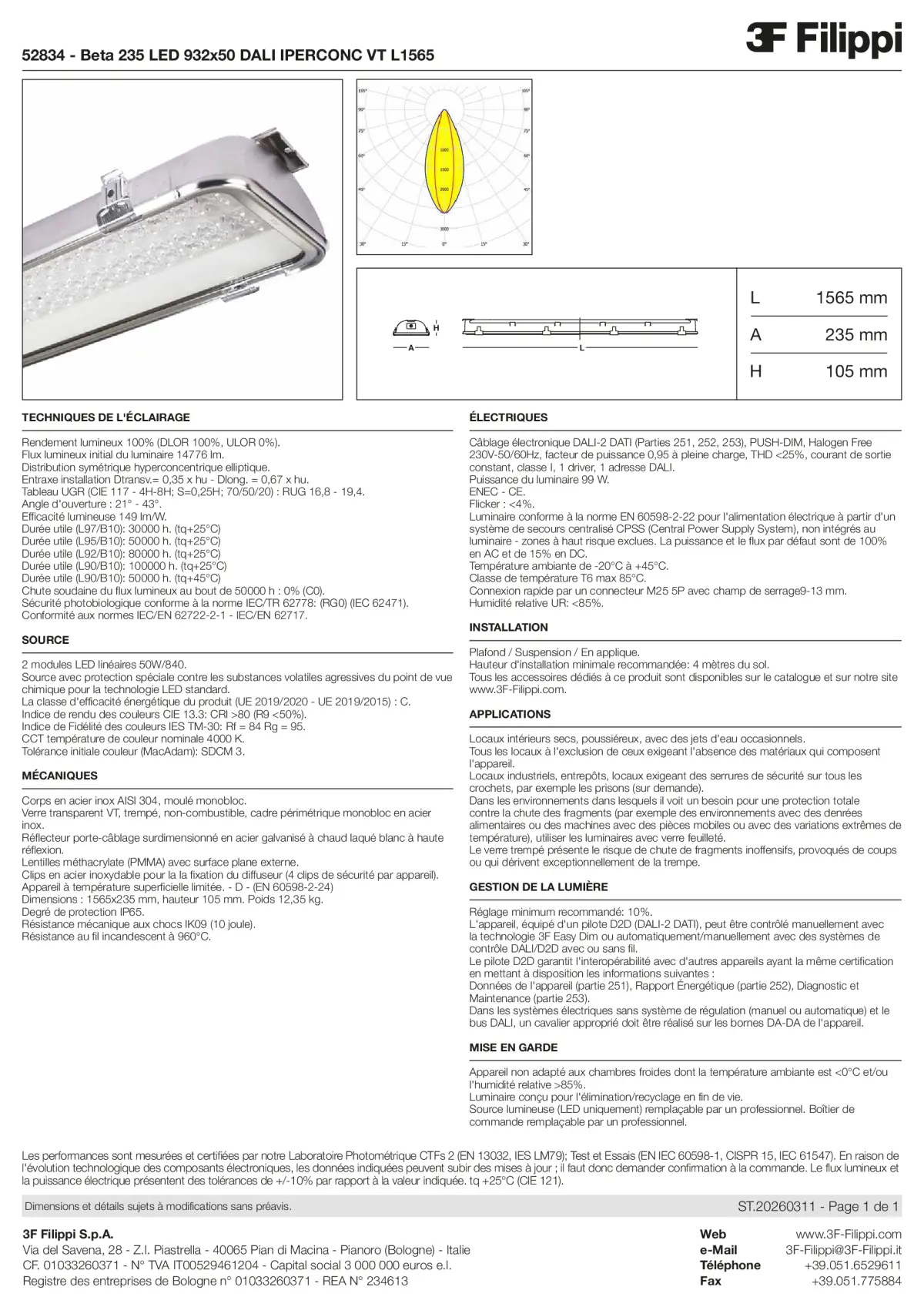 52834 - Beta 235 LED 932x50 DALI IPERCONC VT L1565 - Datasheet - fr