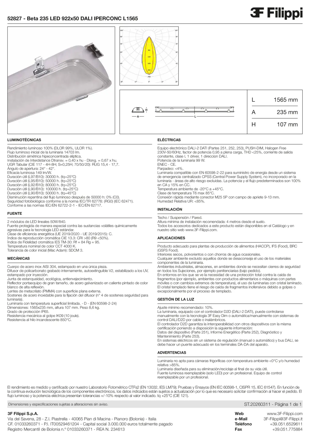 52827 - Beta 235 LED 922x50 DALI IPERCONC L1565 - Datasheet - es