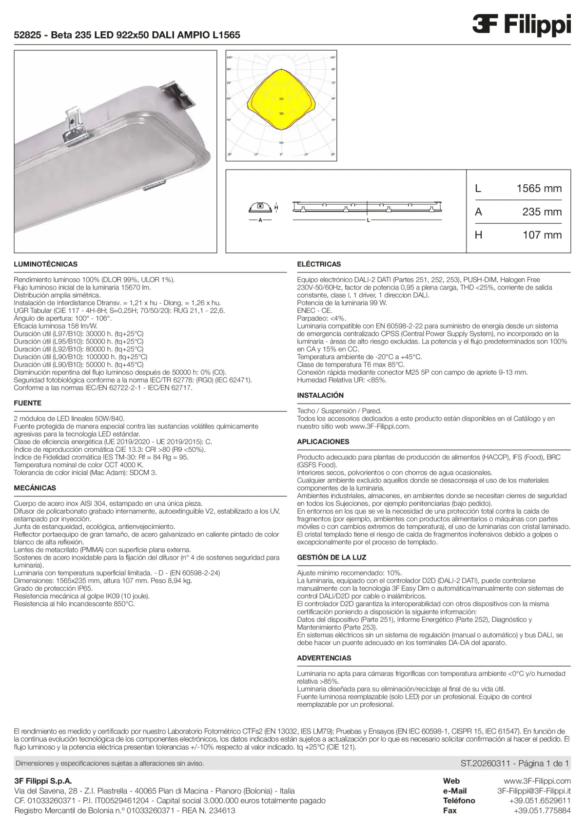 52825 - Beta 235 LED 922x50 DALI AMPIO L1565 - Datasheet - es