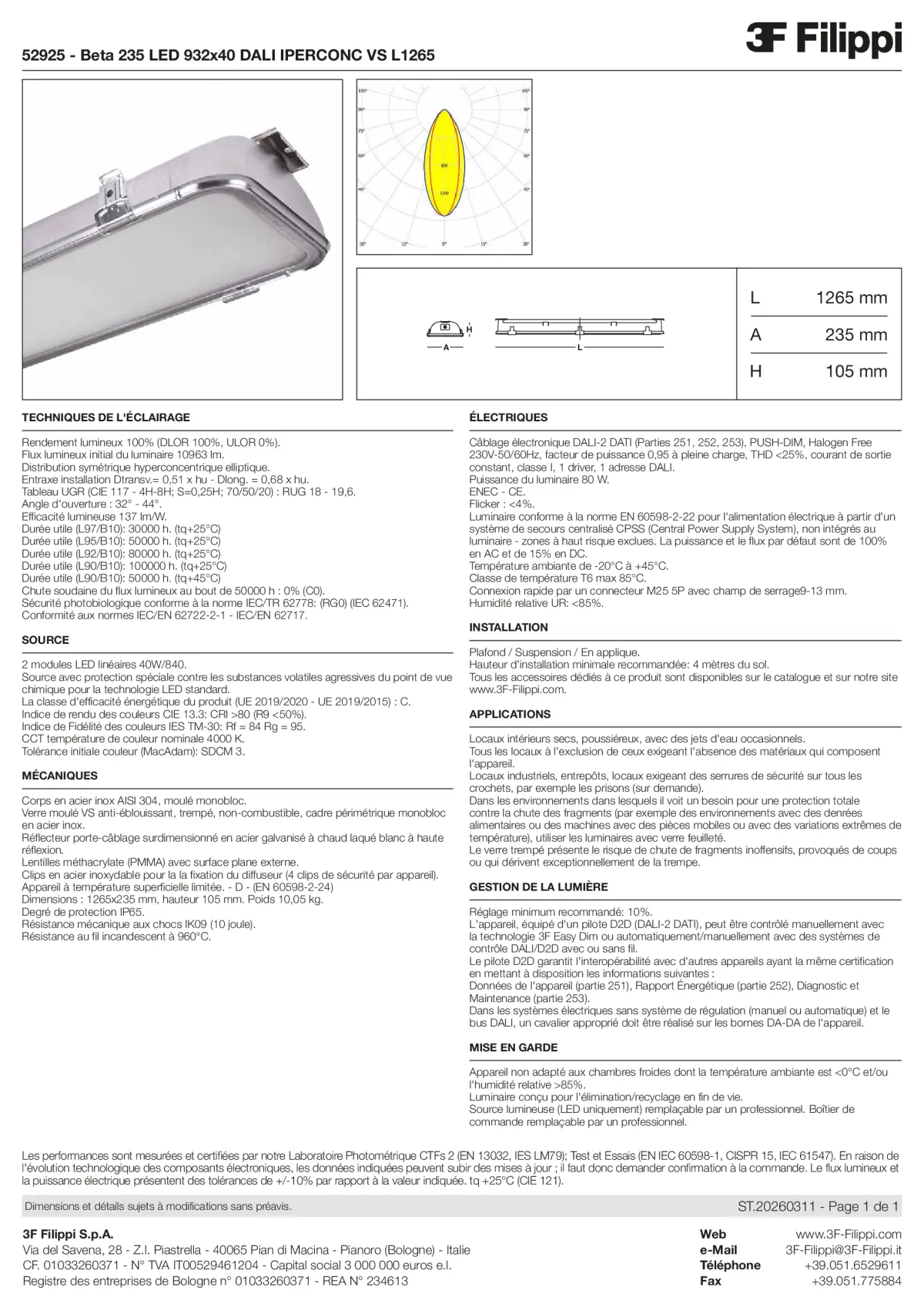 52925 - Beta 235 LED 932x40 DALI IPERCONC VS L1265 - Datasheet - fr